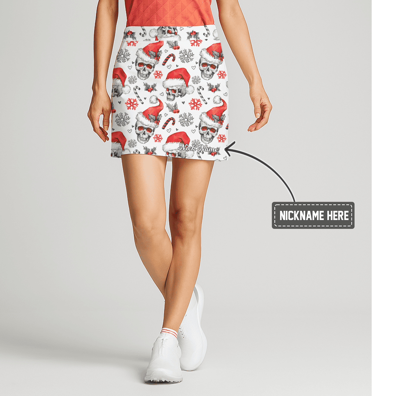 Personalized Women's White Christmas Skull & Santa Hat Golf Skort A9601 main image - S