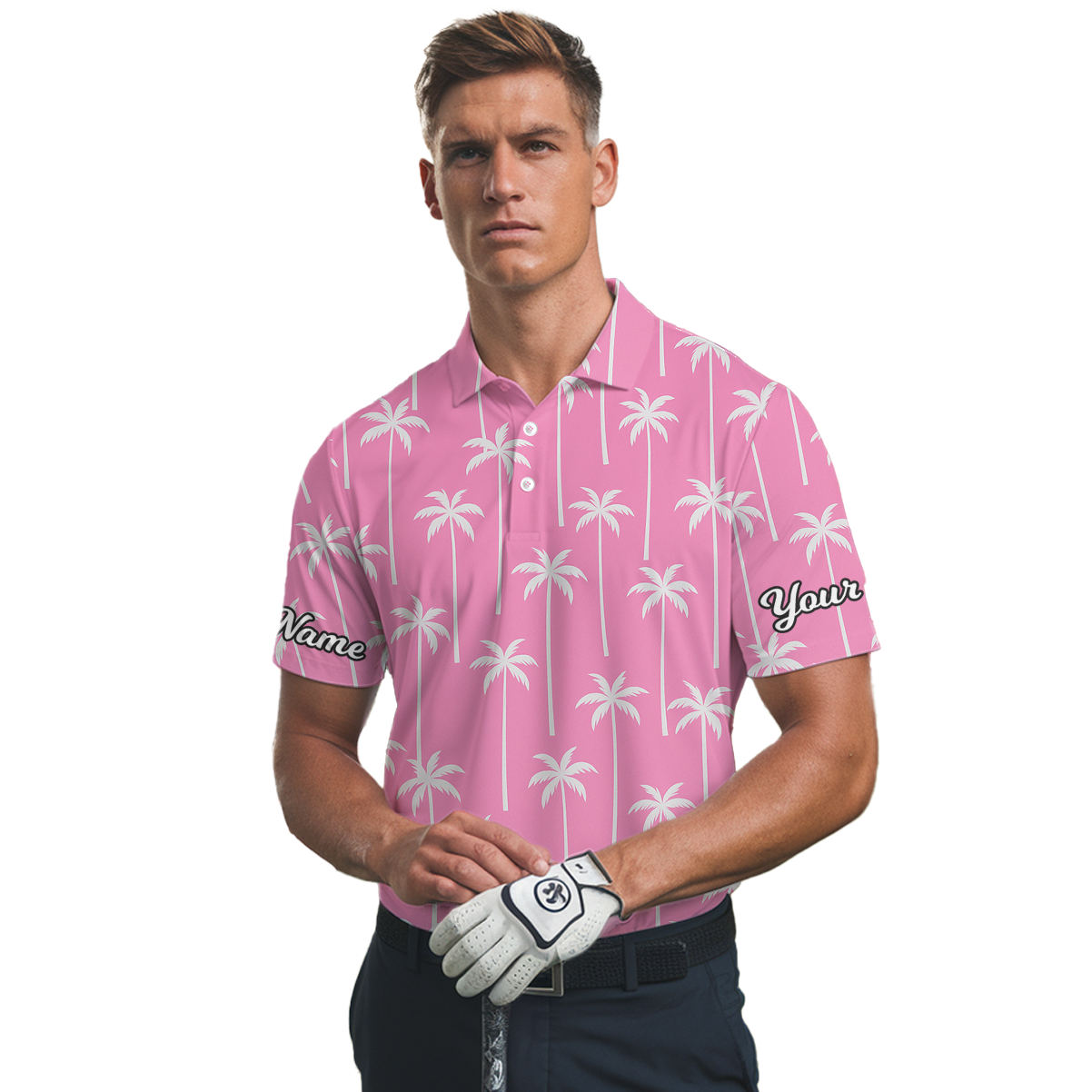 Personalized Tropical Palm Tree Golf Polo Shirt Men Pink White Z7955 additional image 2