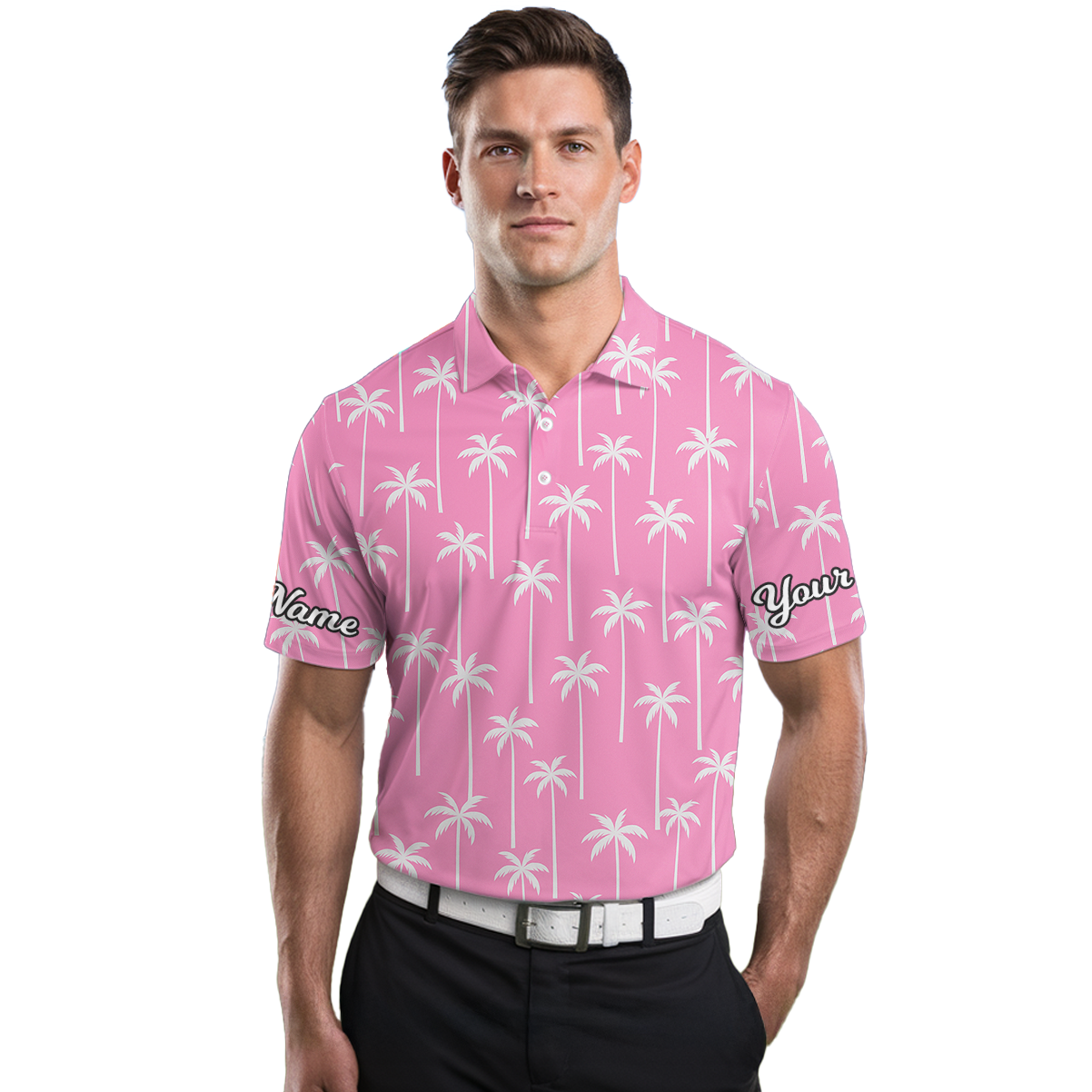 Personalized Tropical Palm Tree Golf Polo Shirt Men Pink White Z7955 additional image 3