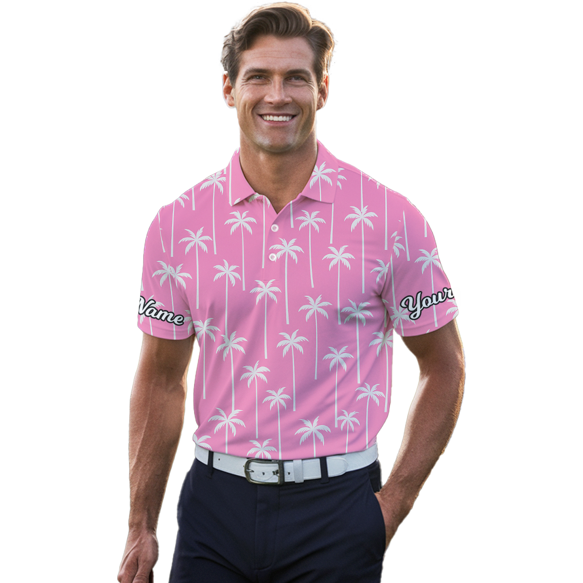 Personalized Tropical Palm Tree Golf Polo Shirt Men Pink White Z7955 additional image 4