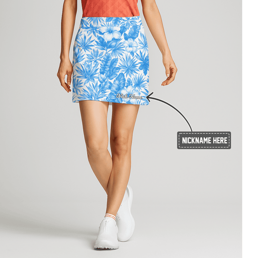 Personalized Women's Blue White Tropical Leaf & Hibiscus Print Golf Skort D0683 main image - S