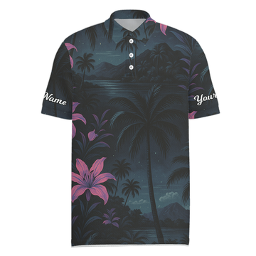 Men's Personalized Tropical Night Palm Tree Floral Golf Polo Shirt Dark Blue Pink R9154 main image - Men Polo S