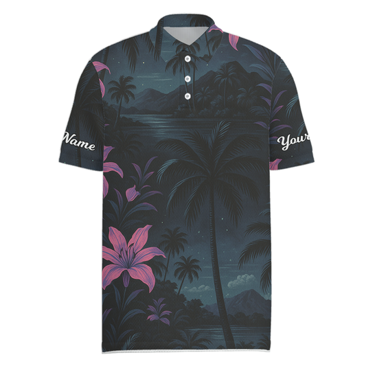Men's Personalized Tropical Night Palm Tree Floral Golf Polo Shirt Dark Blue Pink R9154 main image - Men Polo S