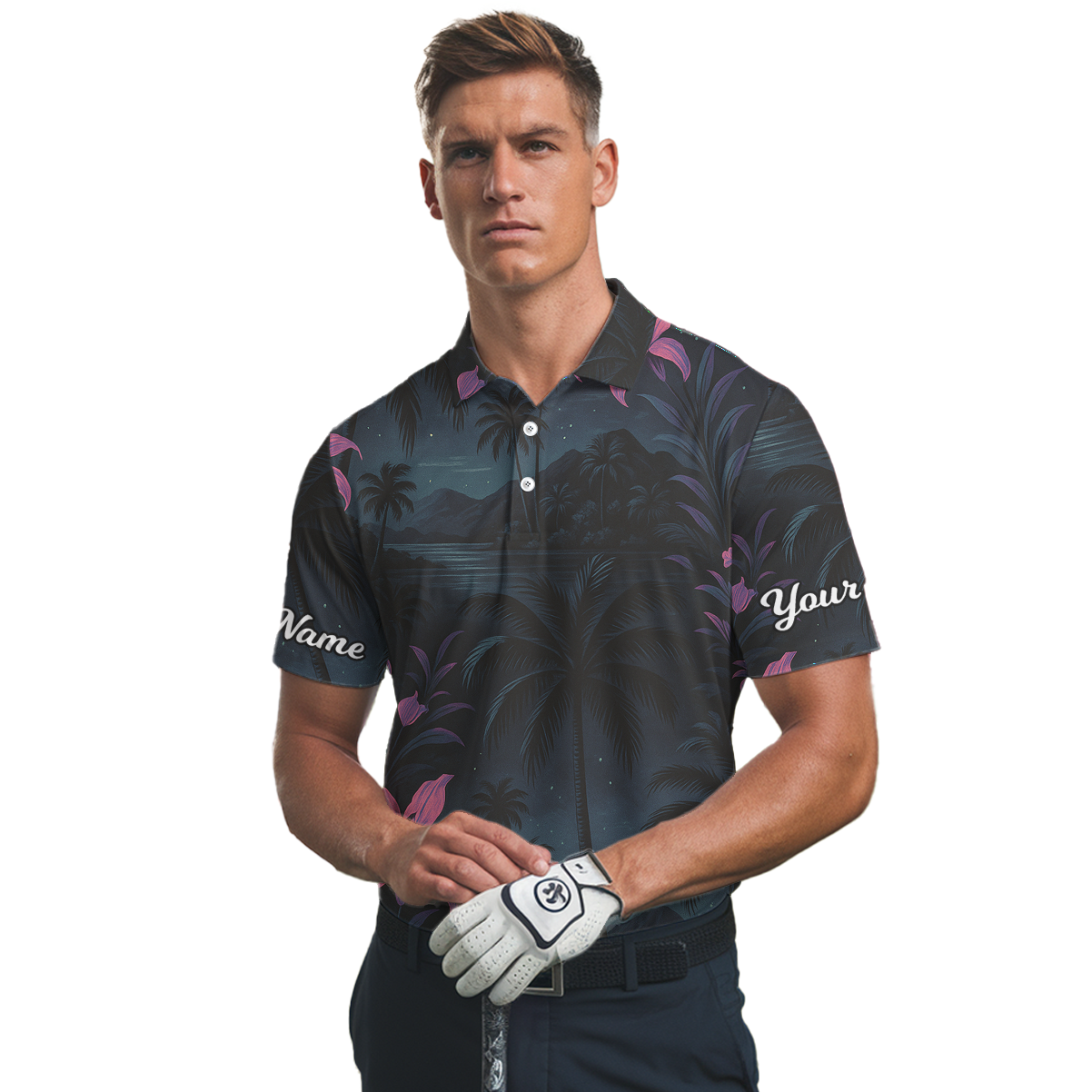 Men's Personalized Tropical Night Palm Tree Floral Golf Polo Shirt Dark Blue Pink R9154 additional image 2