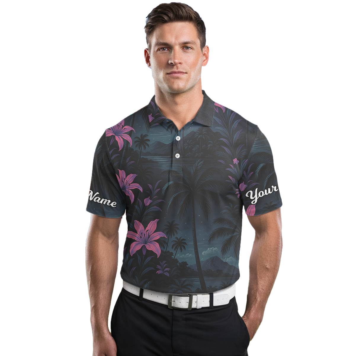 Men's Personalized Tropical Night Palm Tree Floral Golf Polo Shirt Dark Blue Pink R9154 additional image 3