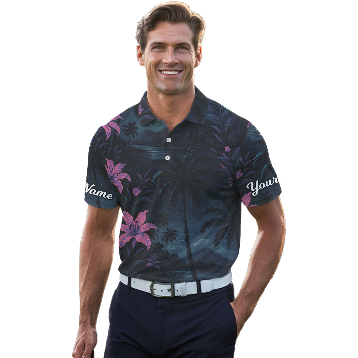 Men's Personalized Tropical Night Palm Tree Floral Golf Polo Shirt Dark Blue Pink R9154 additional image 4
