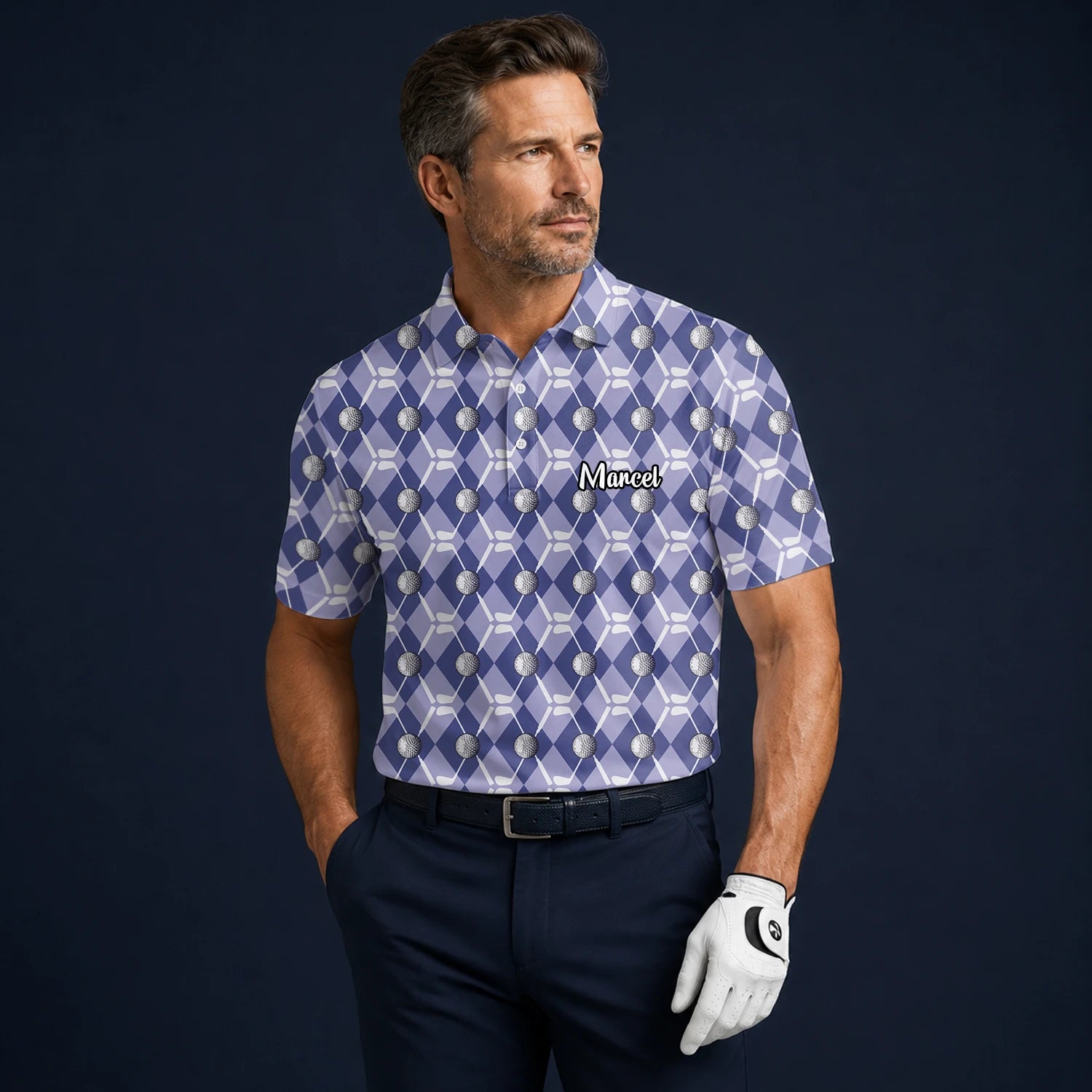Personalised Blue Argyle Golf Ball Club Golf Polo Shirt For Men F3847