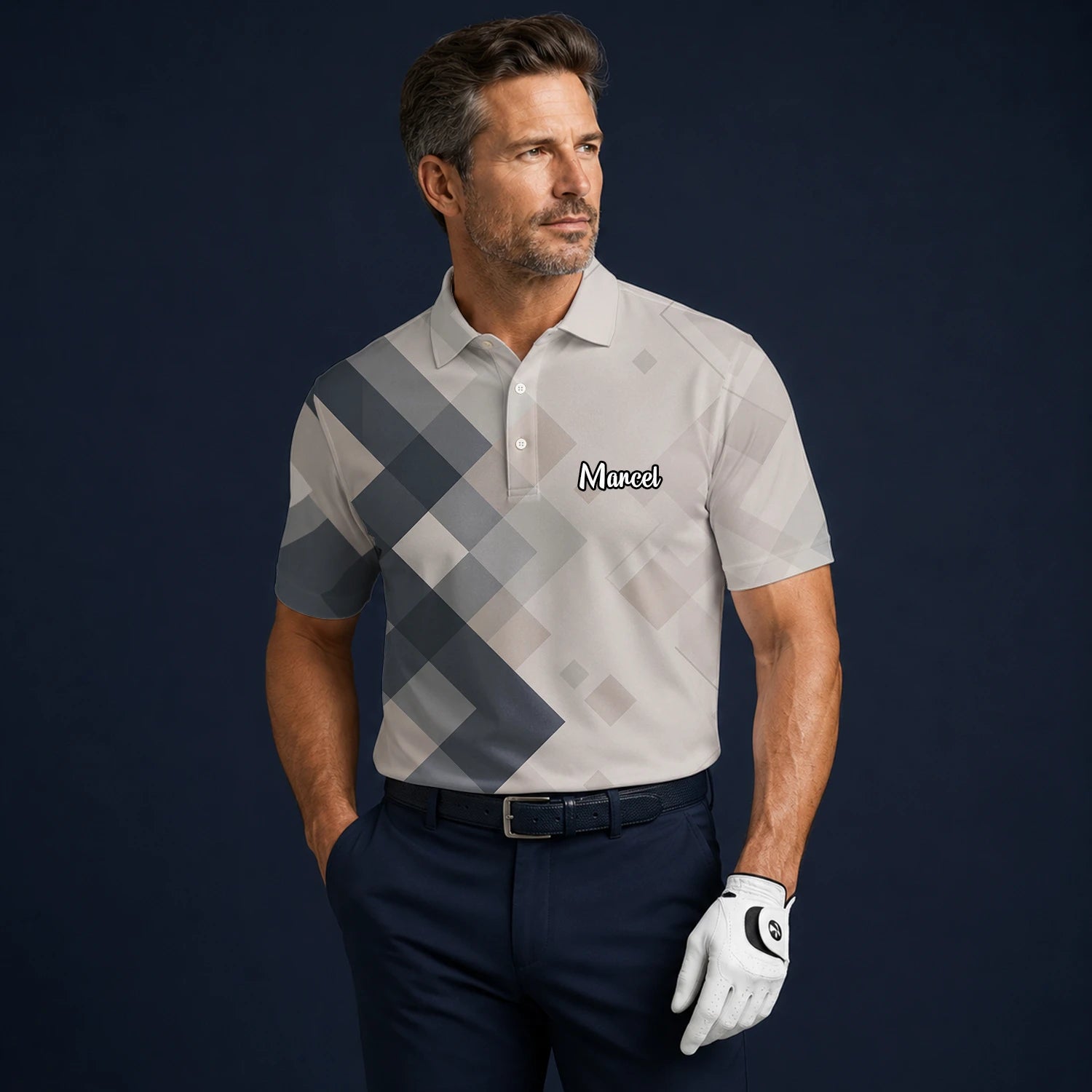 Personalised Beige Grey Argyle Golf Polo Shirt For Men Z6499