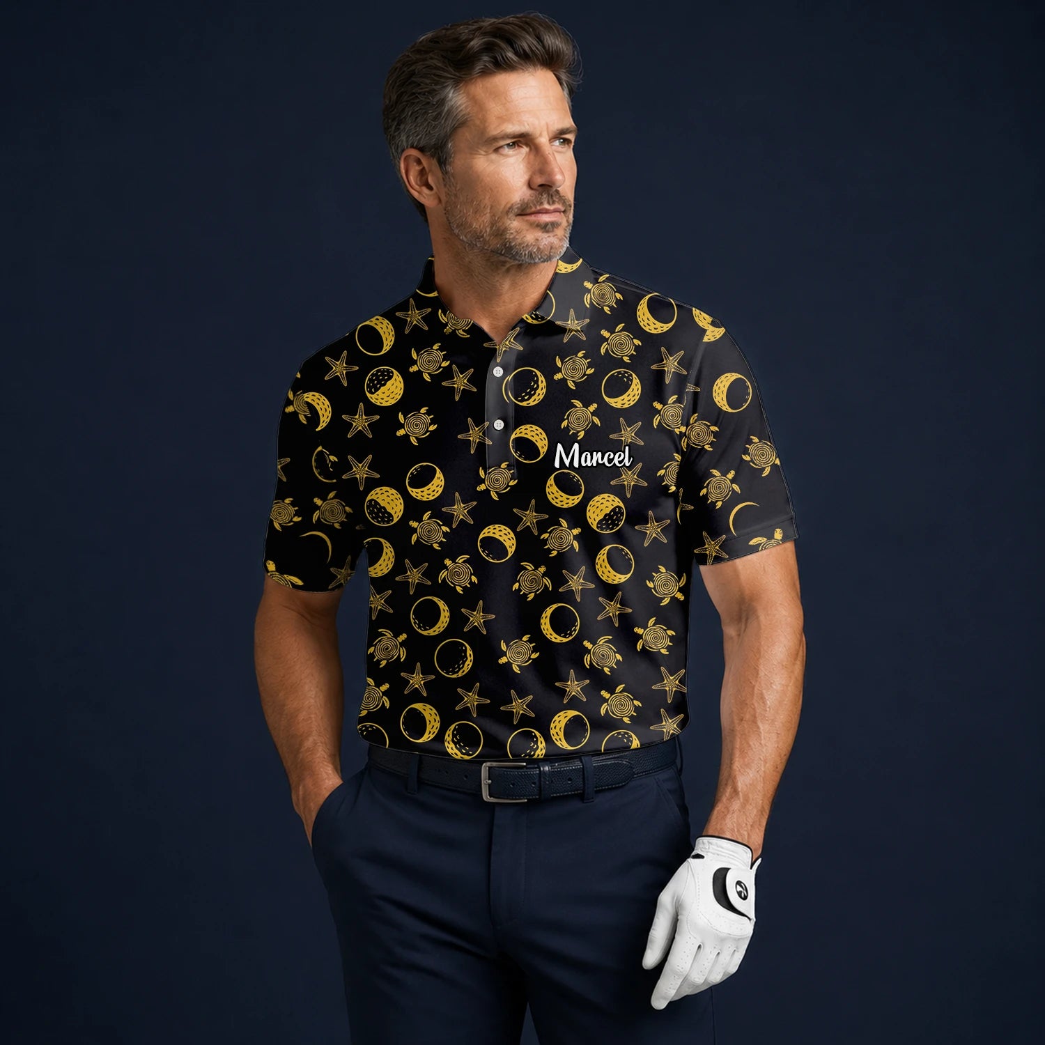 Personalised Black Gold Sea Turtle Moon Star Golf Polo Shirt For Men V4483