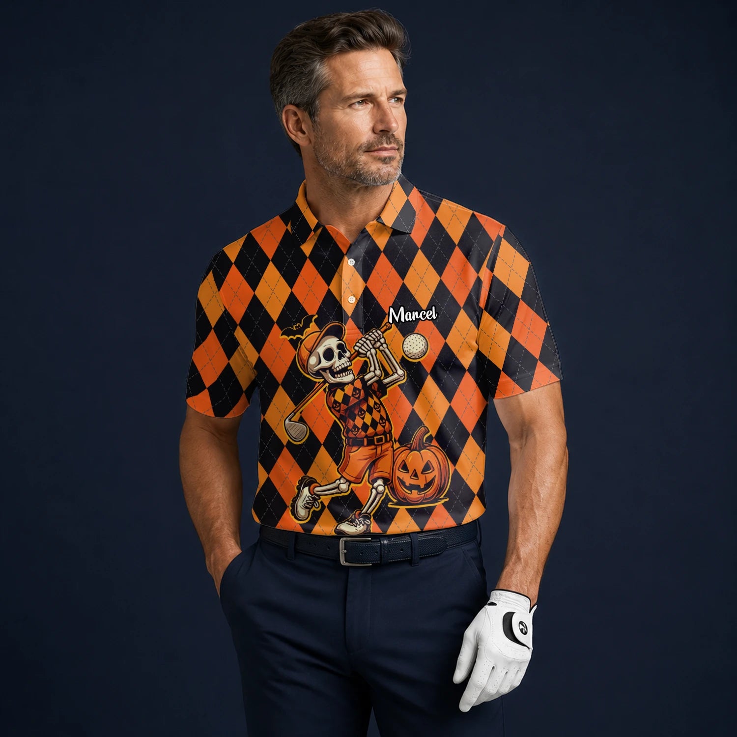 Personalised Orange Black Halloween Skeleton Golfer Argyle Golf Polo Shirt For Men I4585