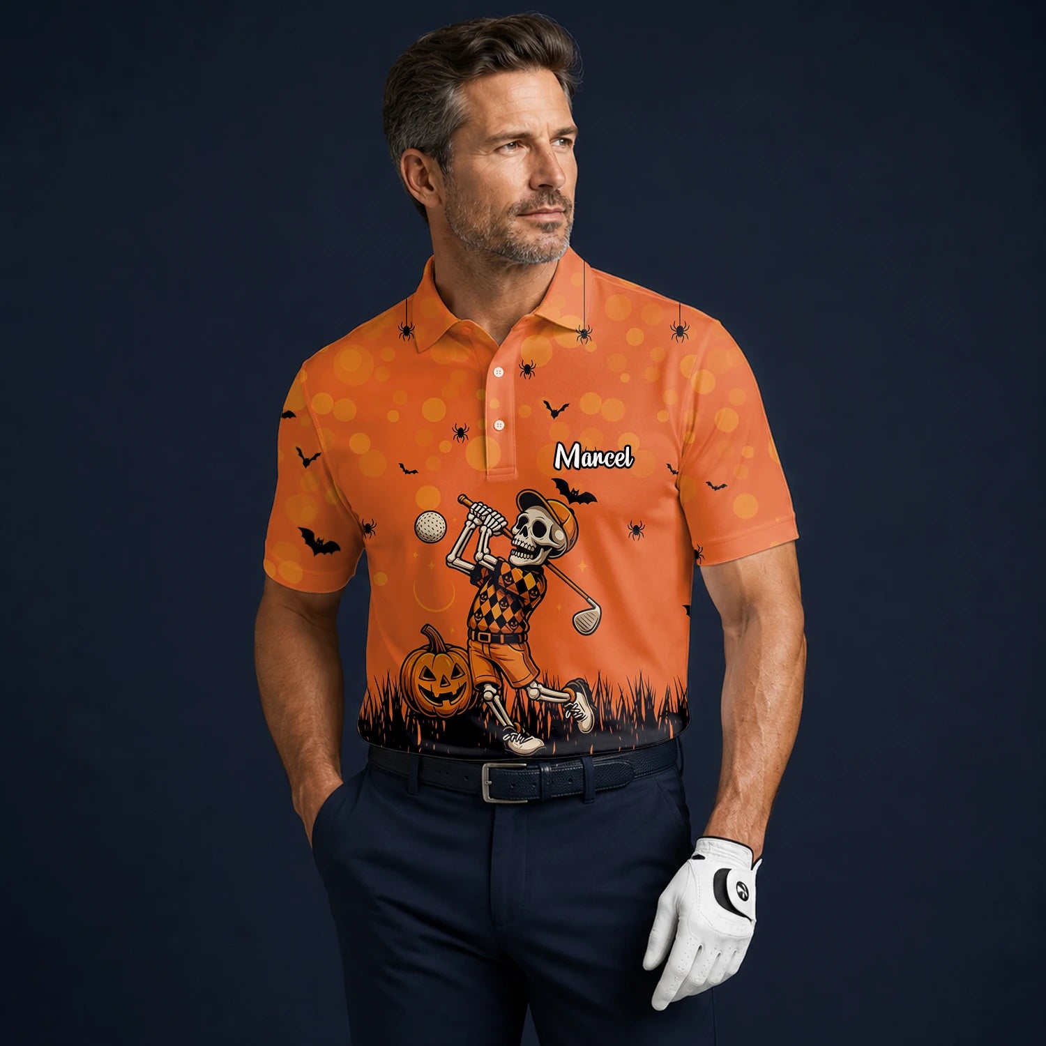 Personalised Orange Halloween Skeleton Golfer Golf Polo Shirt For Men D3851