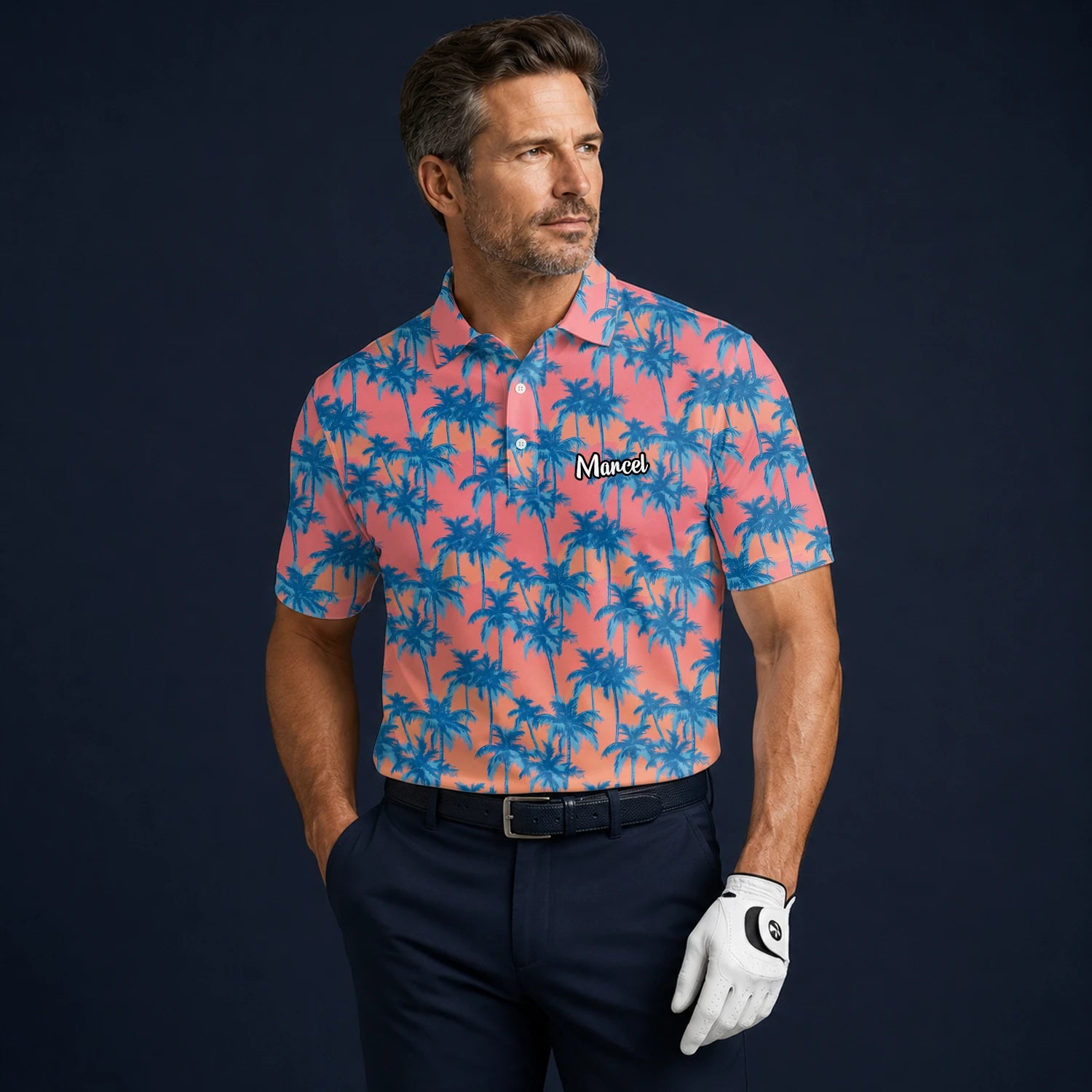 Personalised Coral Pink Blue Palm Tree Golf Polo Shirt For Men A5845