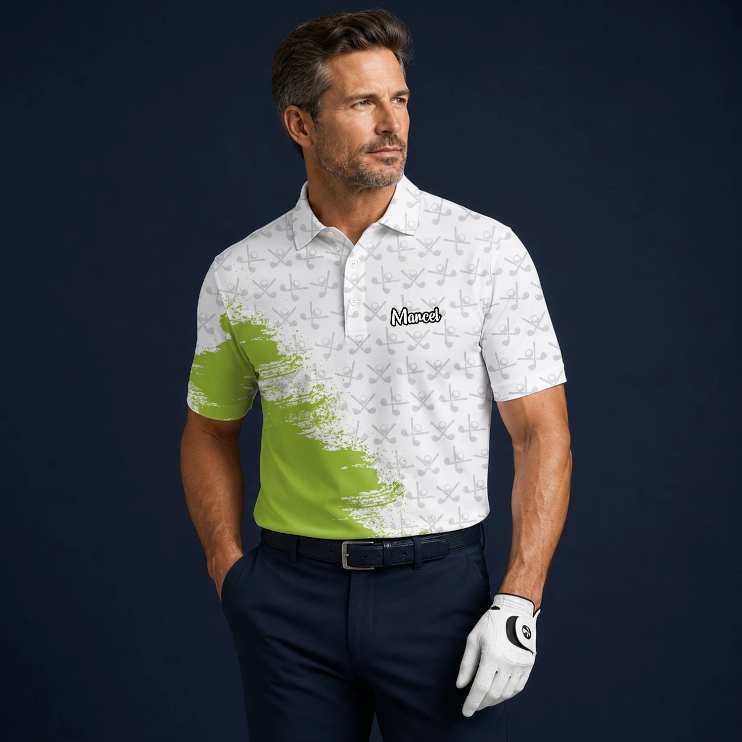 Personalised White Lime Golf Club Pattern Paint Splash Golf Polo Shirt For Men H4508