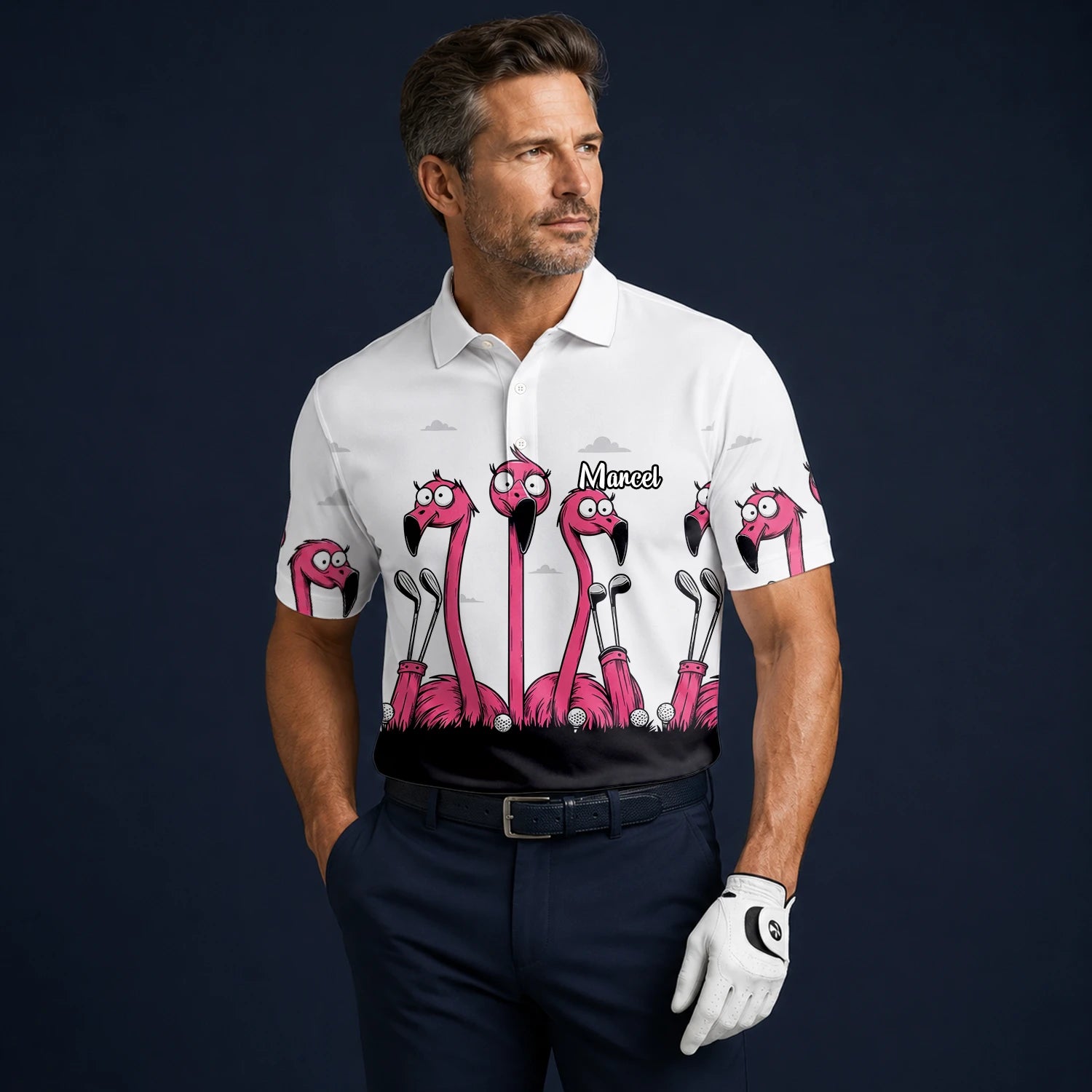 Personalised White Pink Flamingo Cartoon Golf Polo Shirt For Men I6113