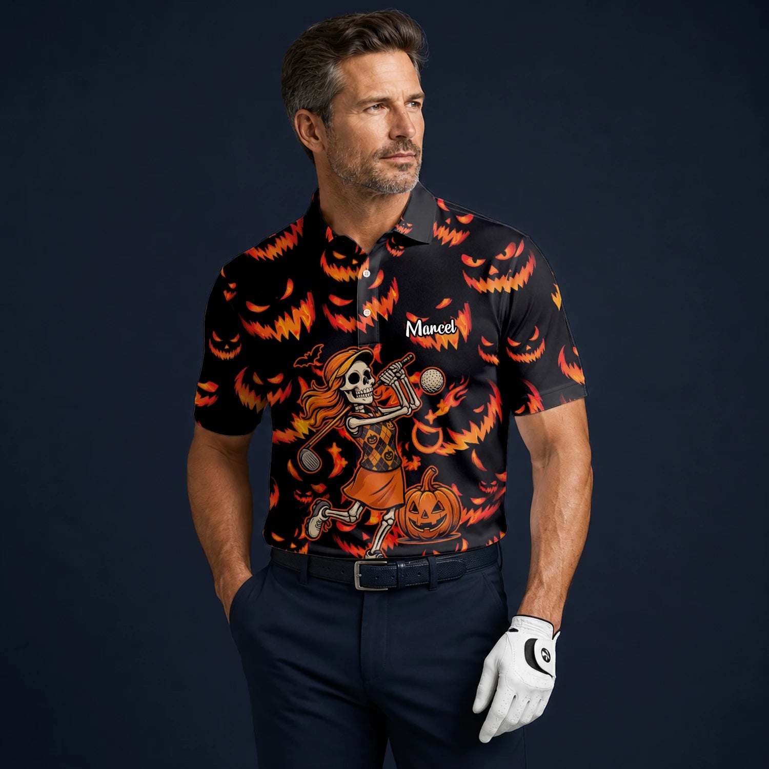 Personalised Black Orange Halloween Skeleton Golfer Pumpkin Golf Polo Shirt For Men N7108