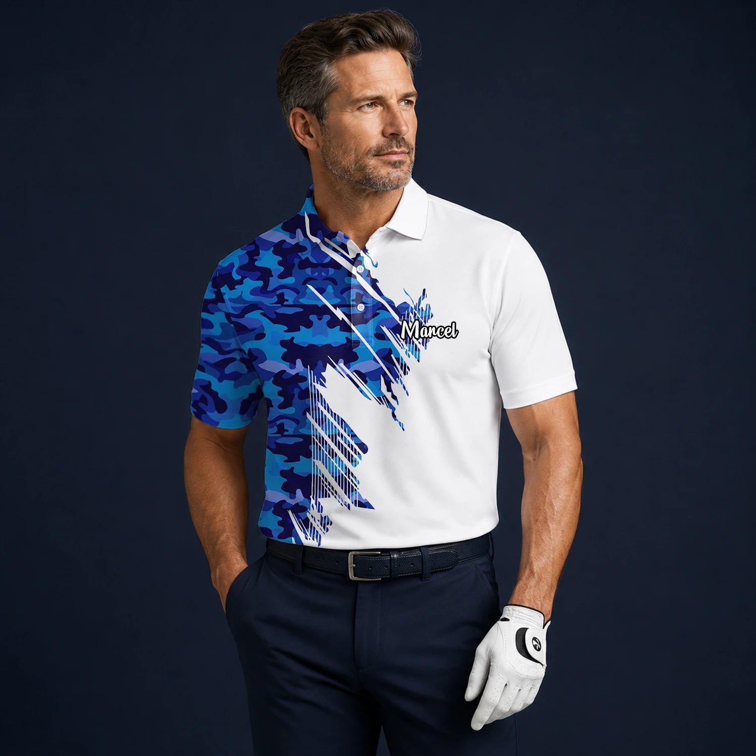Personalised White Blue Camo Brush Stroke Golf Polo Shirt For Men M3845
