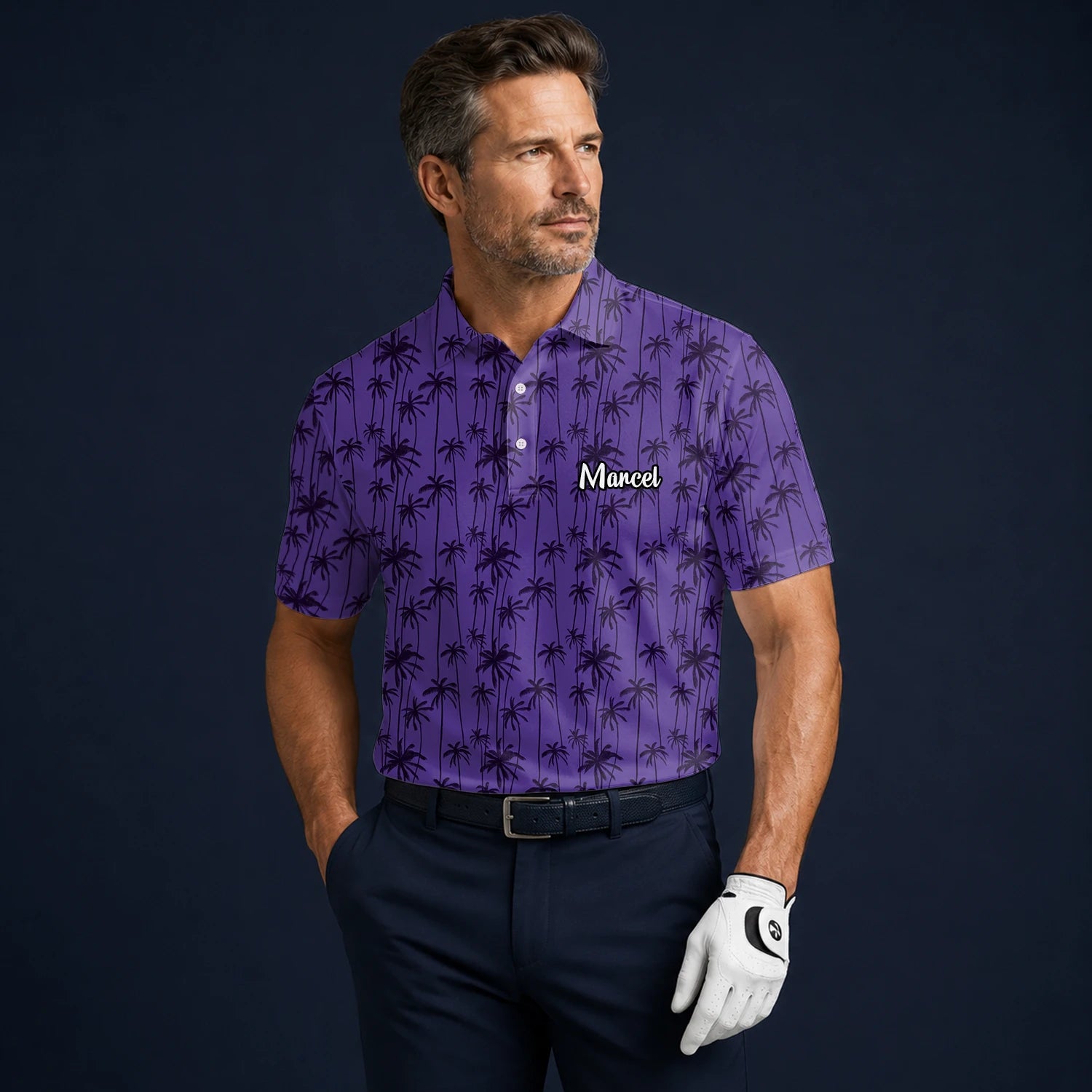 Personalised Purple Palm Tree Silhouette Golf Polo Shirt For Men P3247
