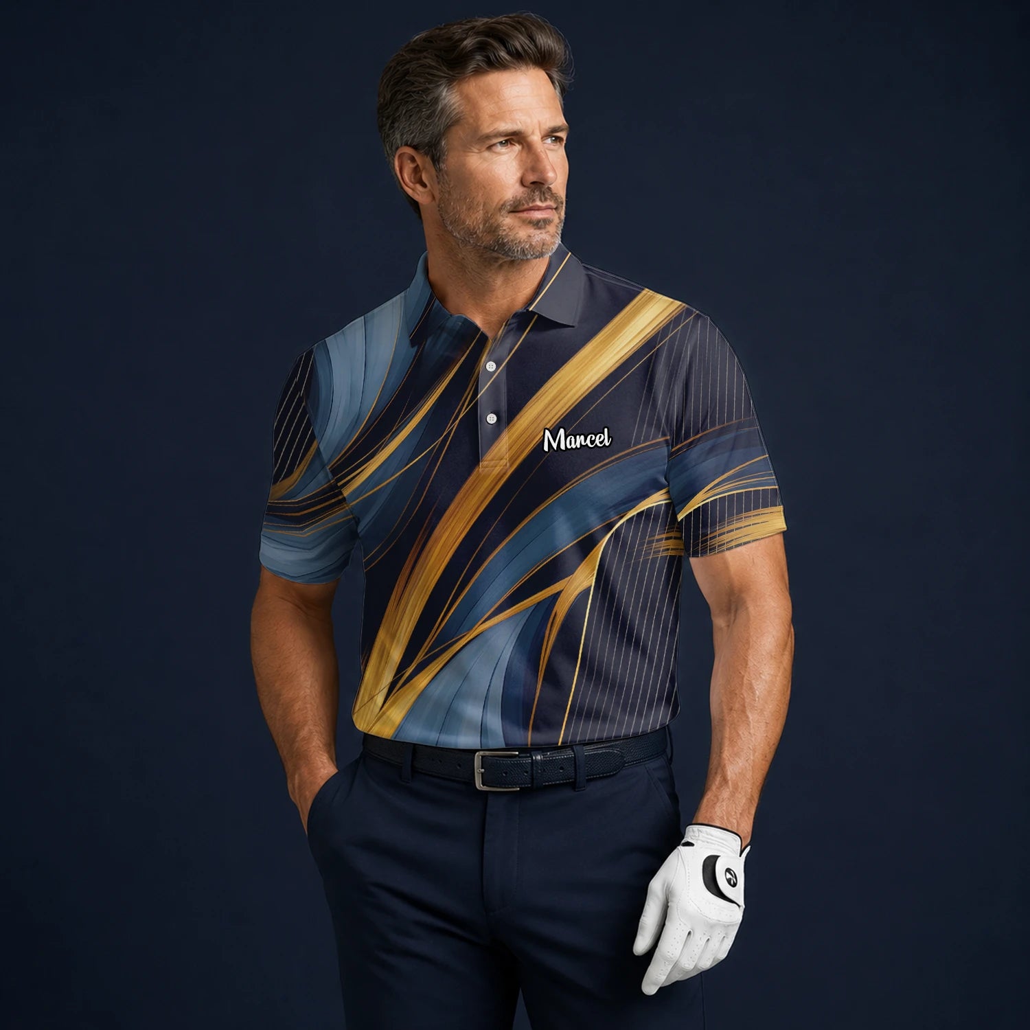 Personalised Navy Gold Abstract Ribbon Golf Polo Shirt For Men V6882