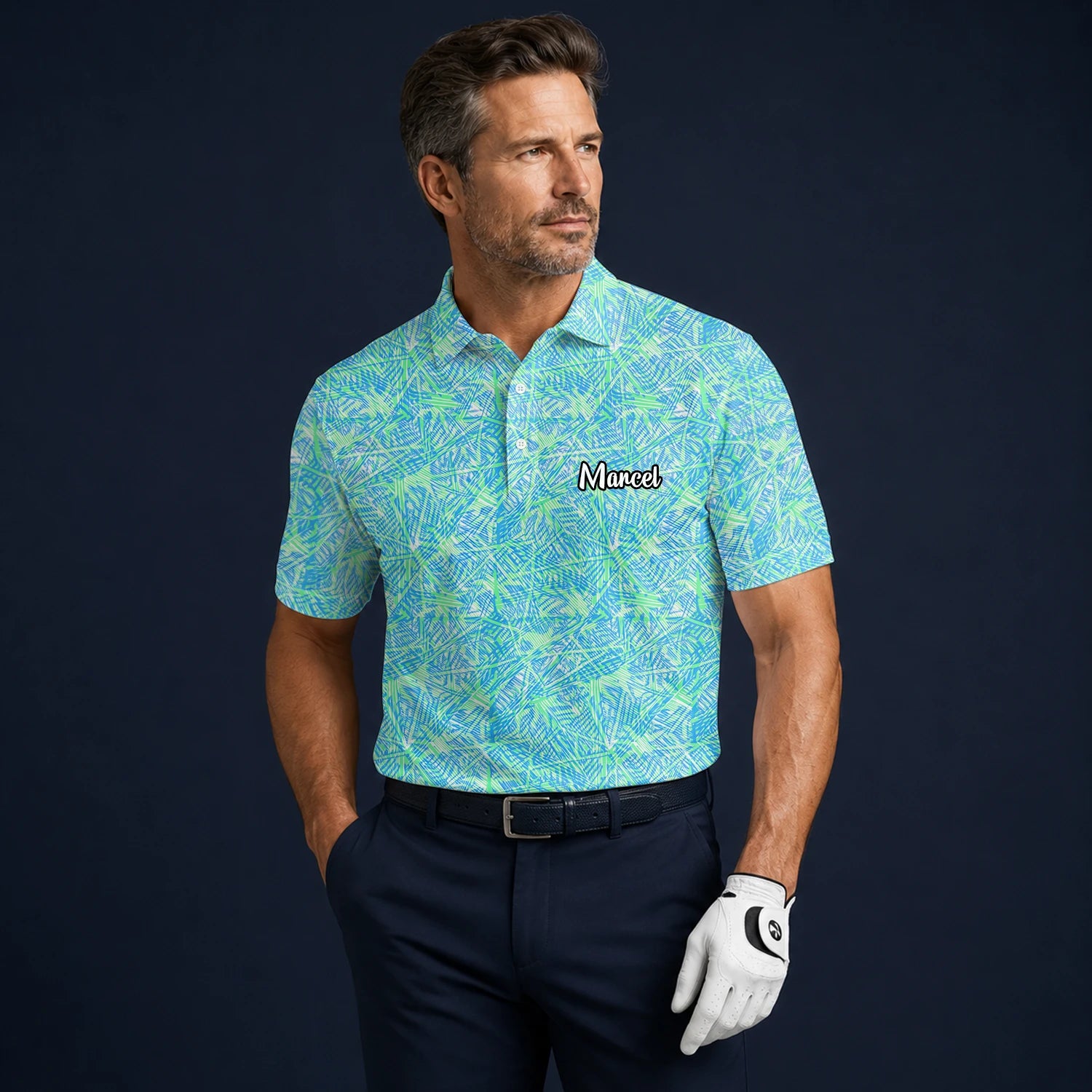Personalised Turquoise Lime Tropical Leaf Golf Polo Shirt For Men U1015