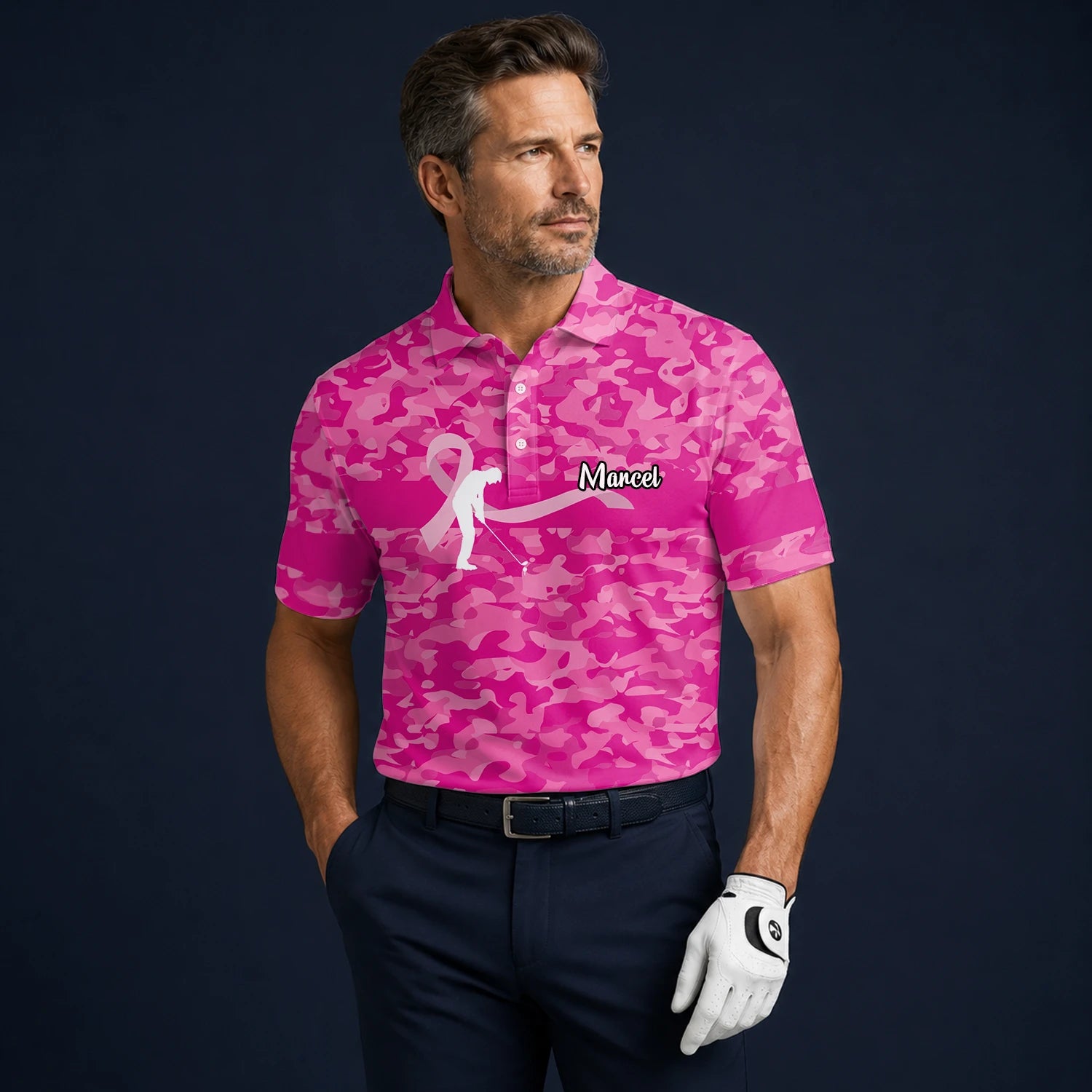 Personalised Pink Camo Breast Cancer Awareness Ribbon Golfer Golf Polo Shirt For Men Z3179