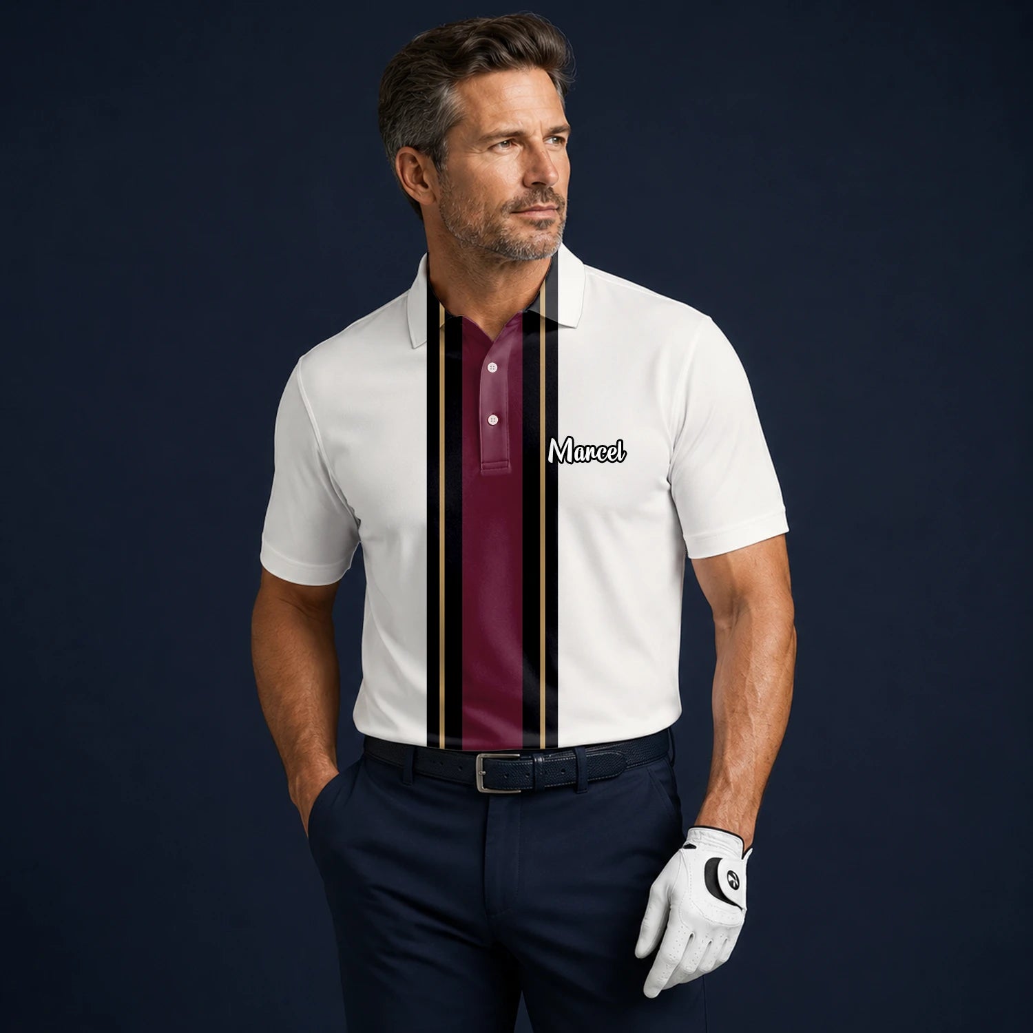Personalised White Burgundy Black Racing Stripe Golf Polo Shirt For Men G7028
