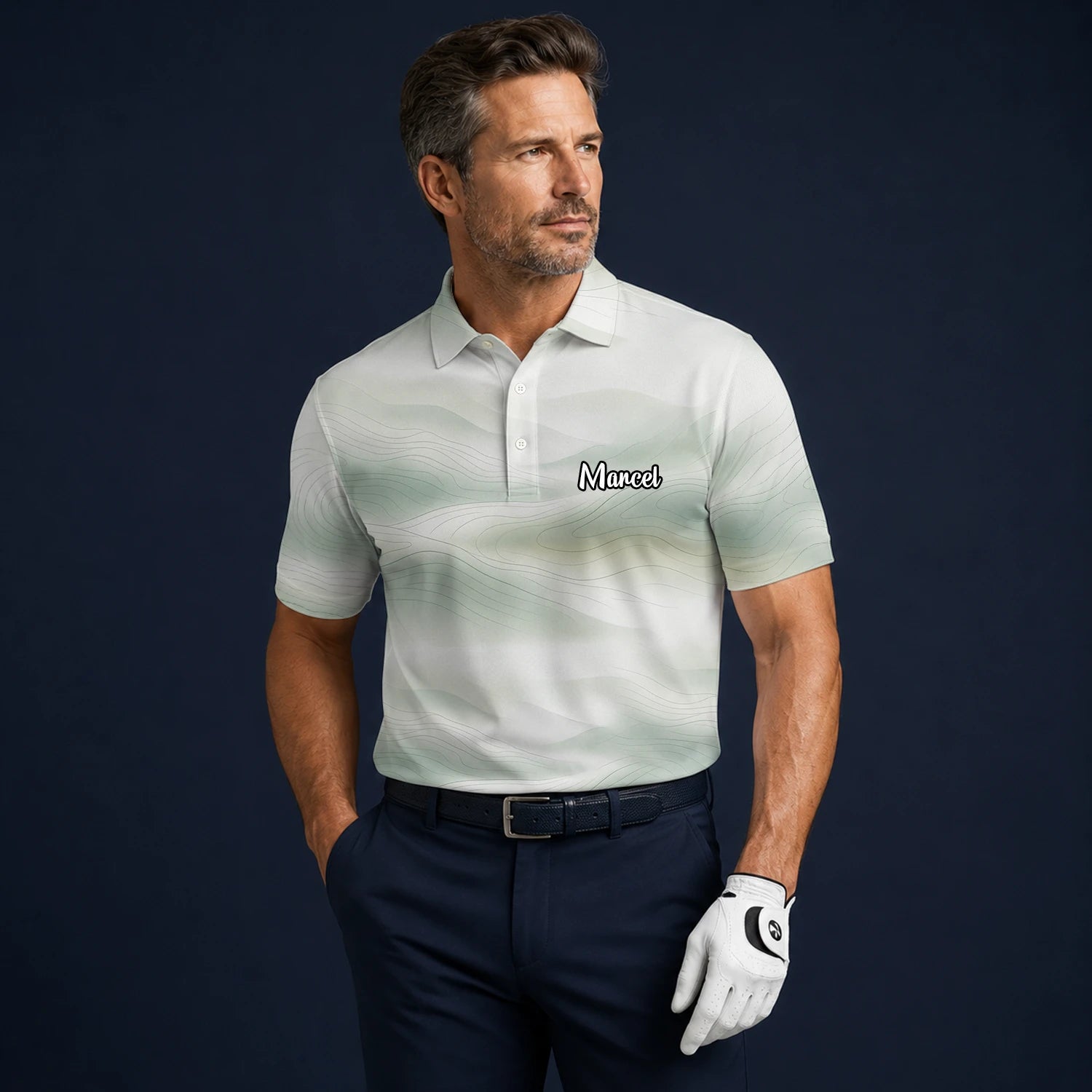 Personalised White Sage Green Abstract Wave Golf Polo Shirt For Men F8070