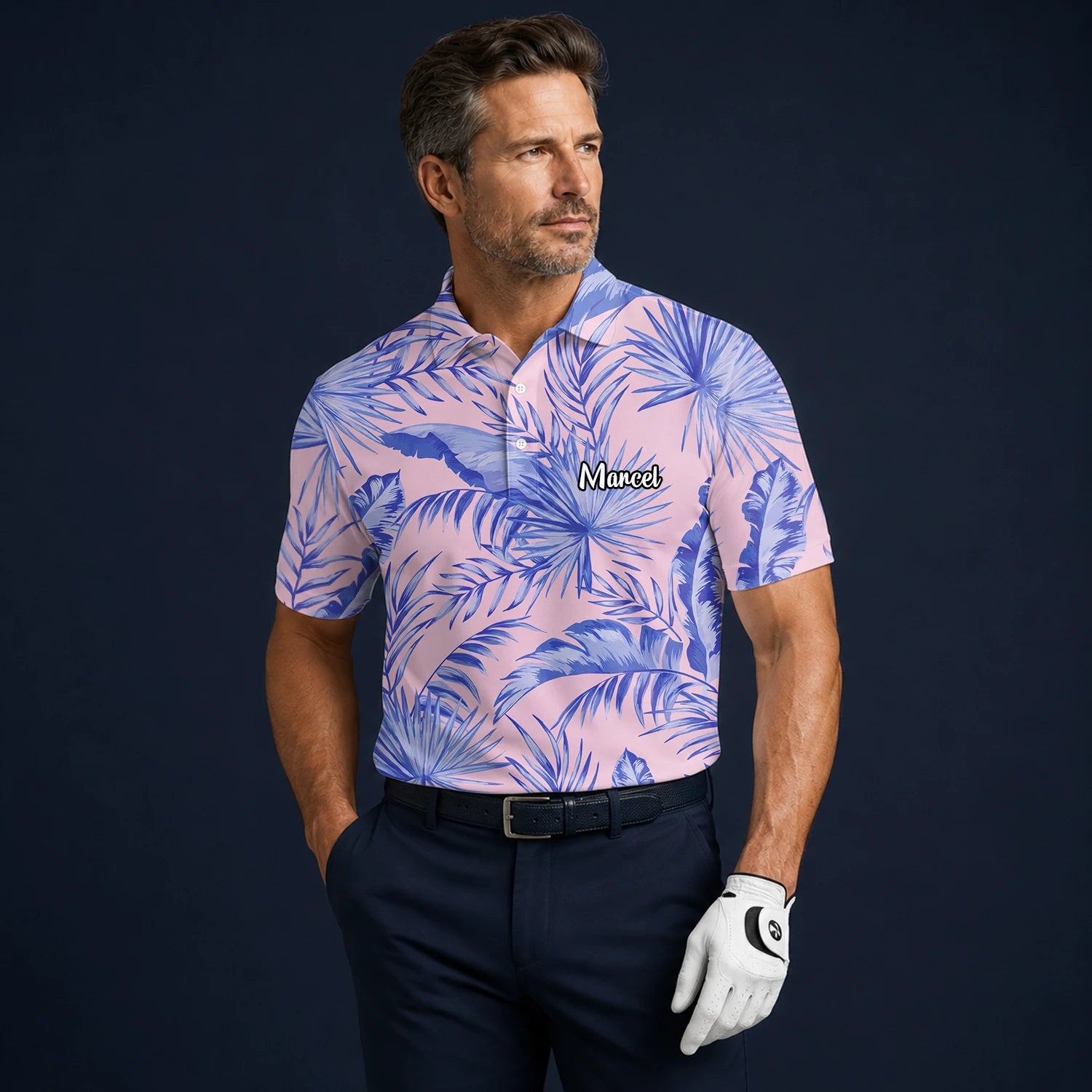 Personalised Pink Lavender Tropical Palm Leaf Golf Polo Shirt For Men M3354