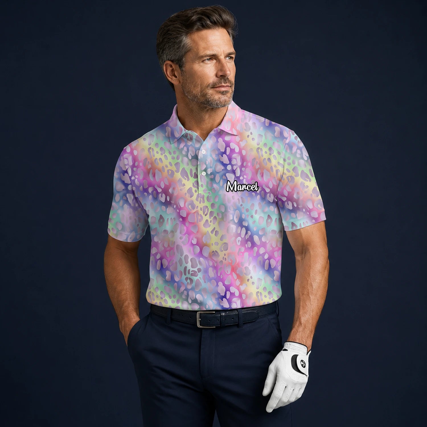 Personalised Pastel Rainbow Leopard Print Golf Polo Shirt For Men E5373