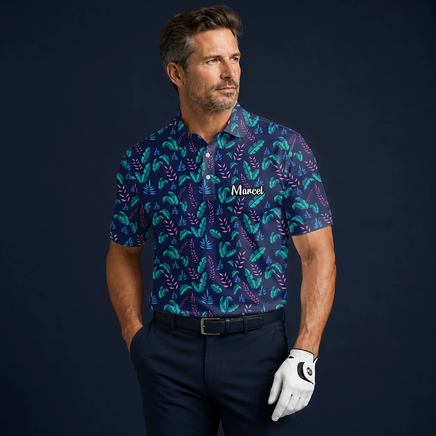 Personalised Navy Teal Tropical Leaf Golf Polo Shirt For Men S8145