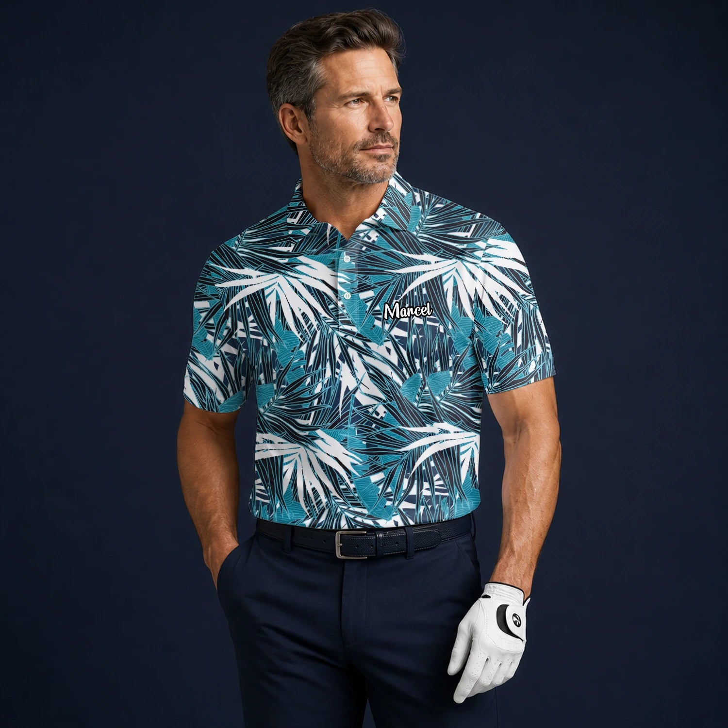 Personalised Teal Black White Palm Leaf Golf Polo Shirt For Men S8543