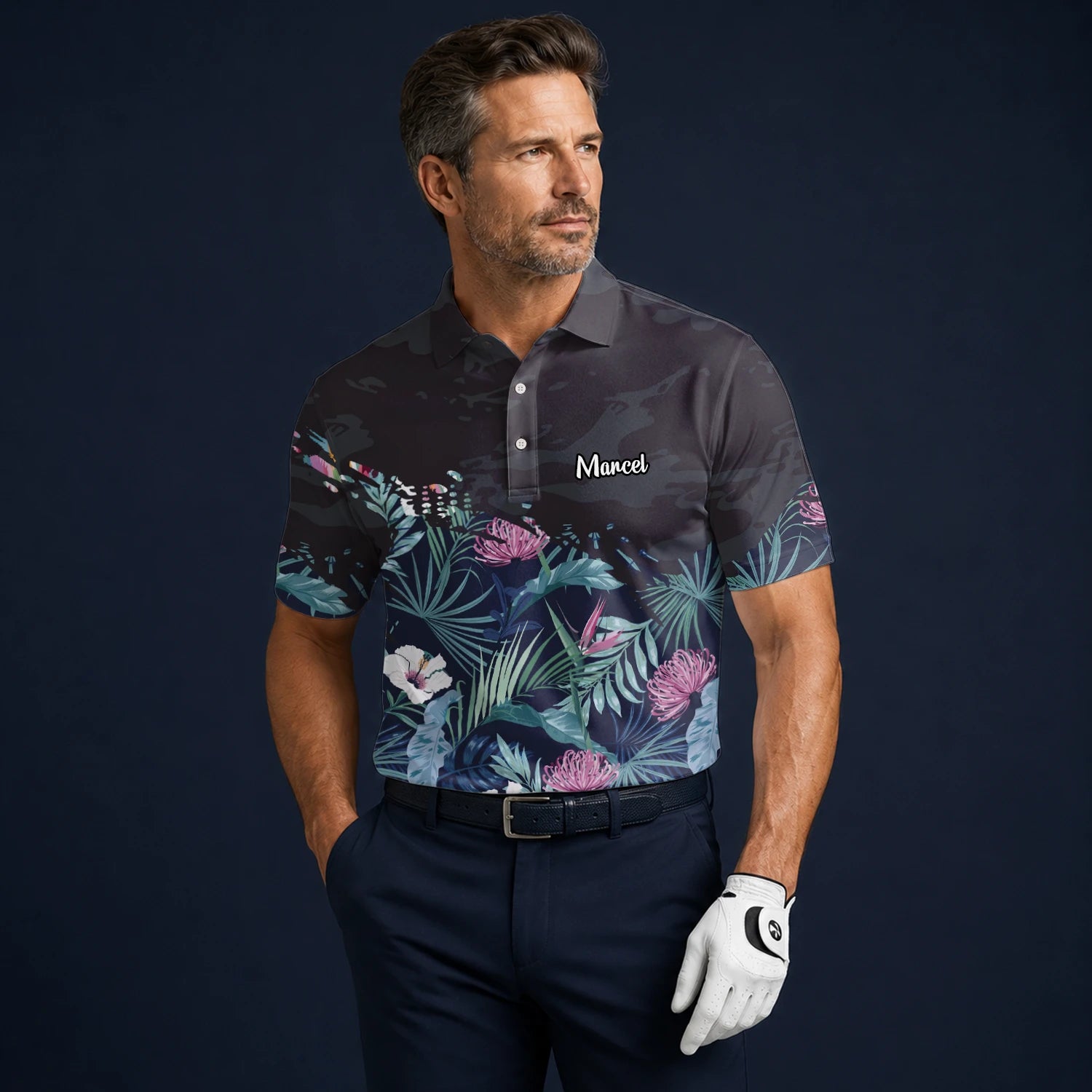 Personalised Navy Tropical Floral Leaf Golf Polo Shirt For Men N4110