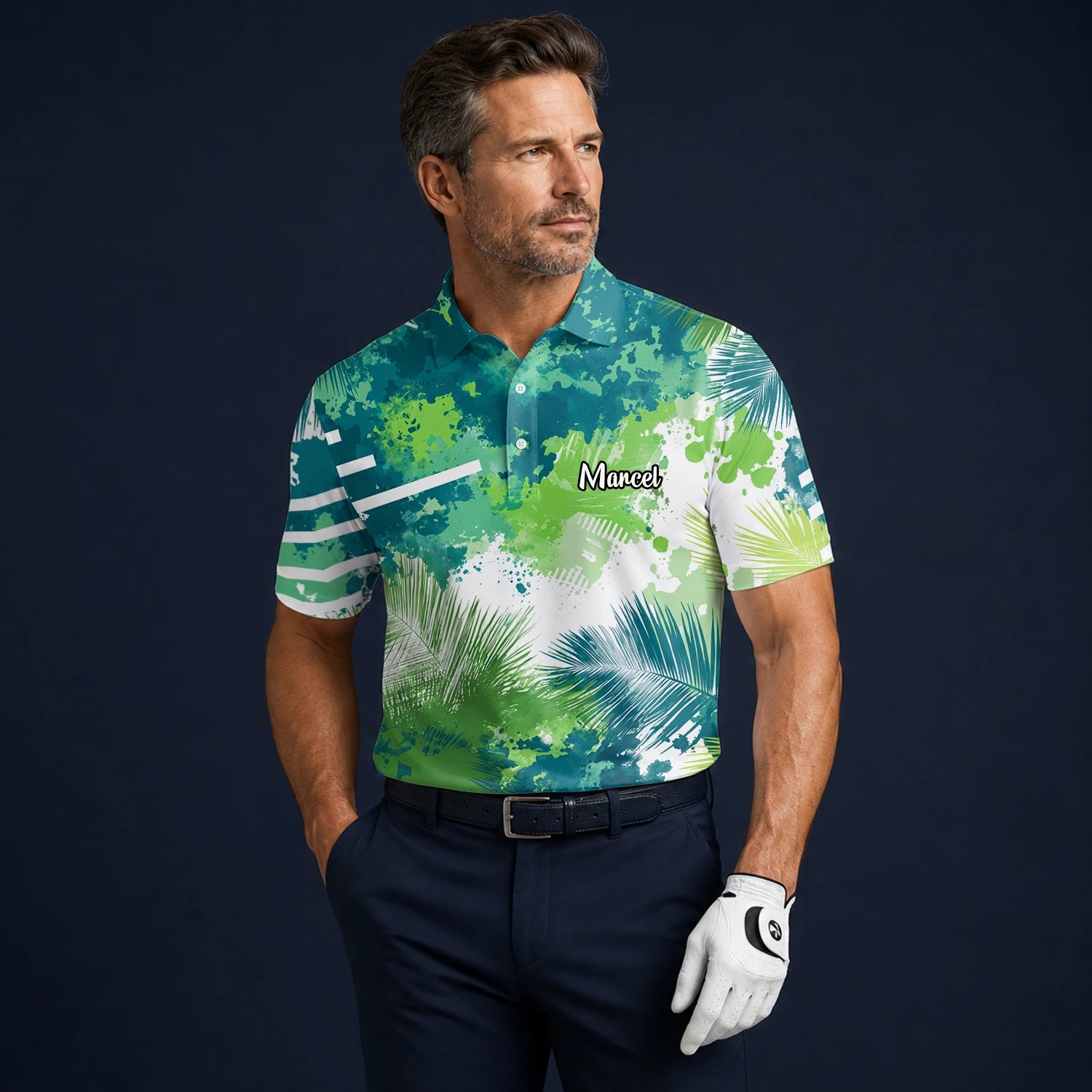 Personalised Green Blue Tropical Leaf Paint Splash Golf Polo Shirt For Men B7869
