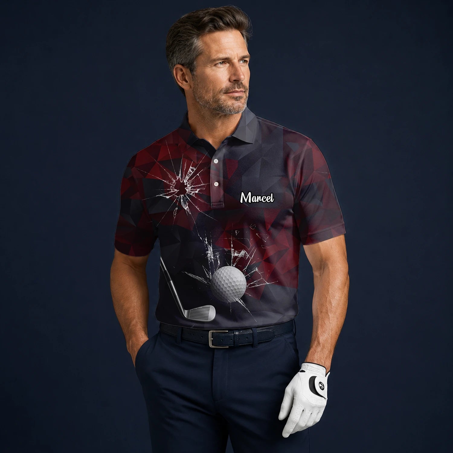 Personalised Black Burgundy Shattered Glass Golf Ball Golf Polo Shirt For Men R4354