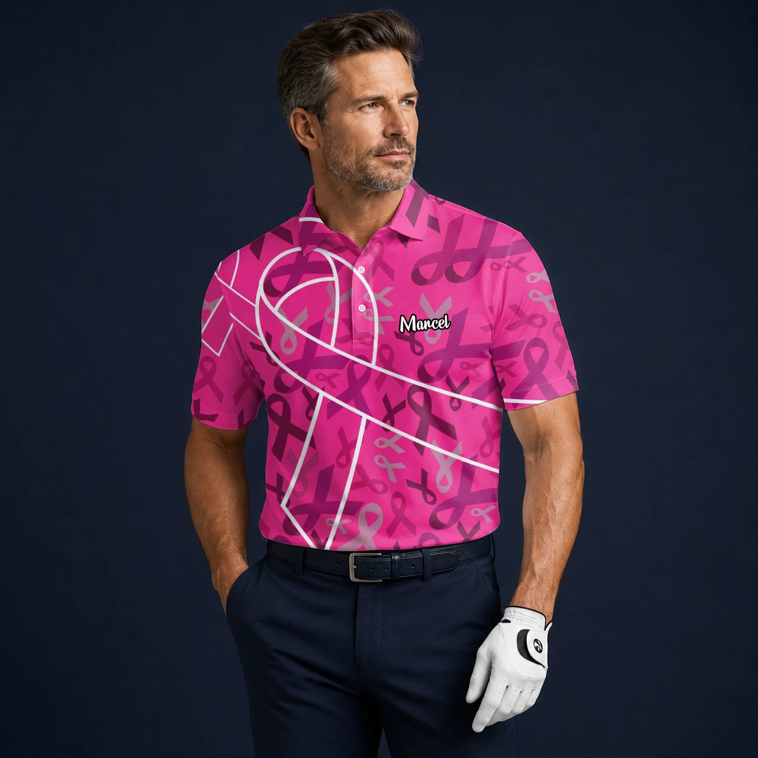 Personalised Pink Breast Cancer Awareness Ribbon Golf Polo Shirt For Men O4093