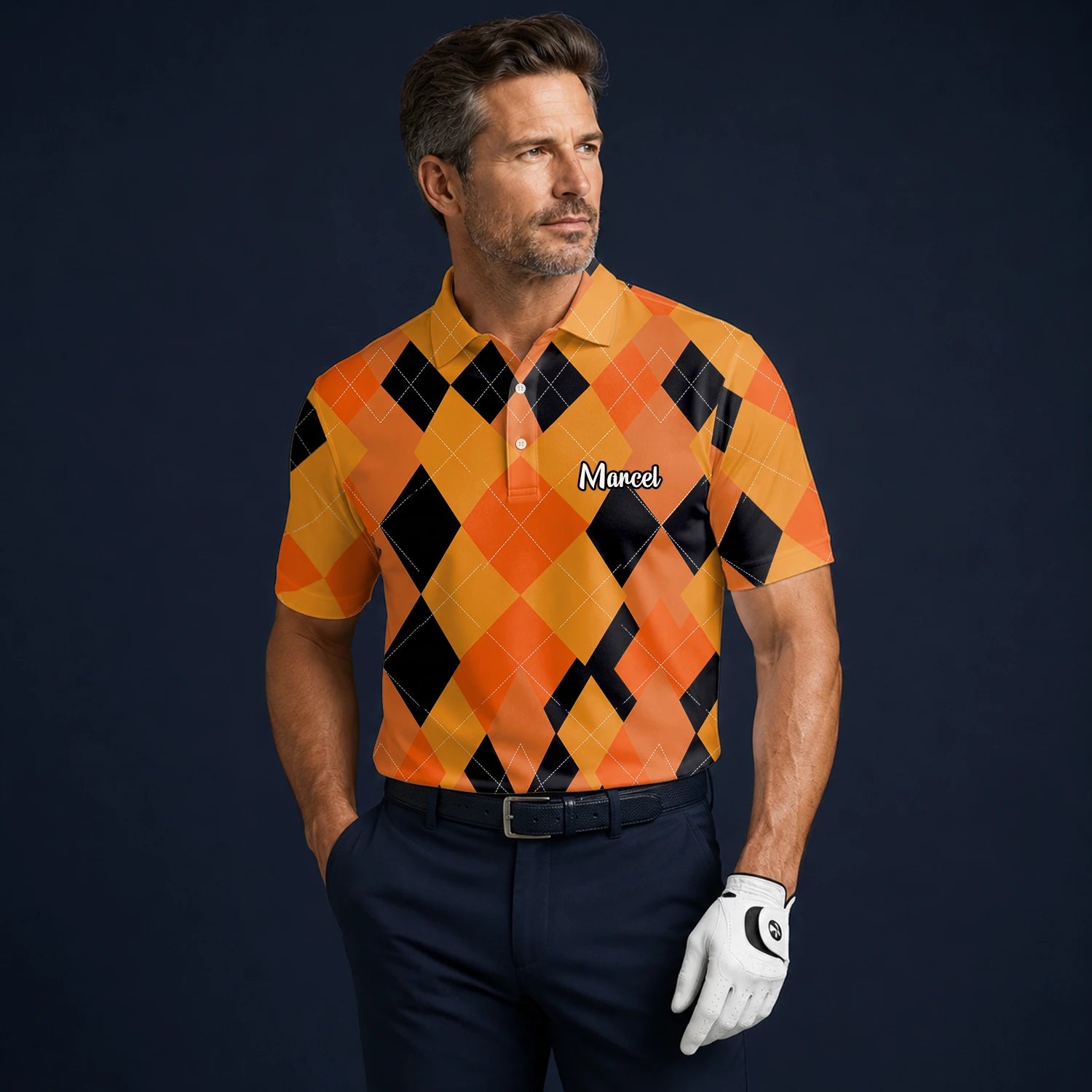 Personalised Orange Black Argyle Diamond Golf Polo Shirt For Men C4203