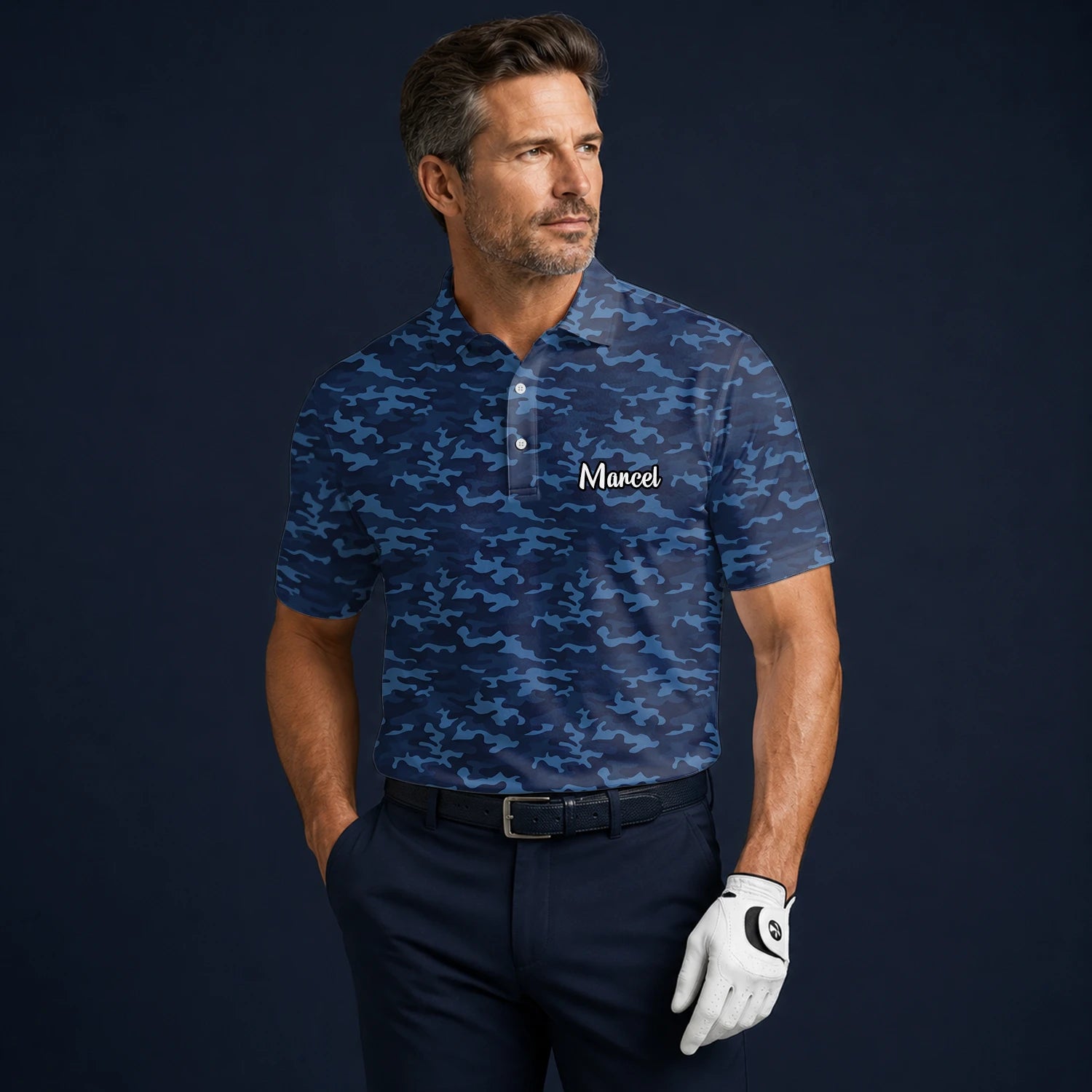 Personalised Navy Blue Camo Golf Polo Shirt For Men L9533