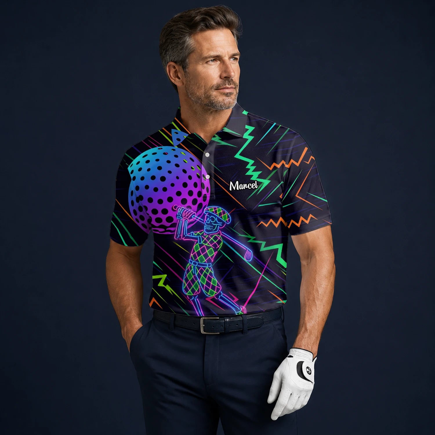 Personalised Black Neon Golfer Wireframe Golf Polo Shirt For Men L1481