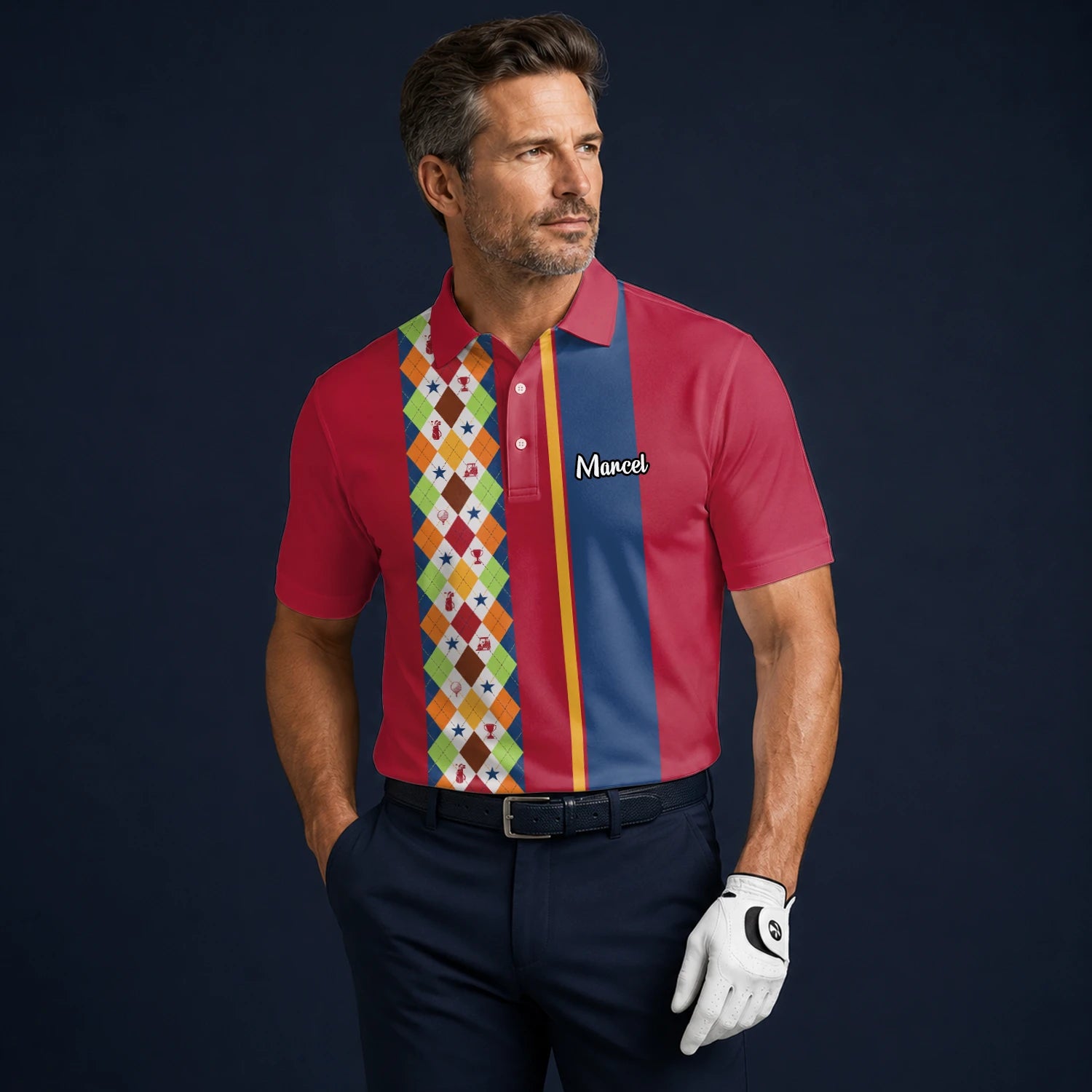 Personalised Red Blue Colourful Argyle Golf Polo Shirt For Men V1769