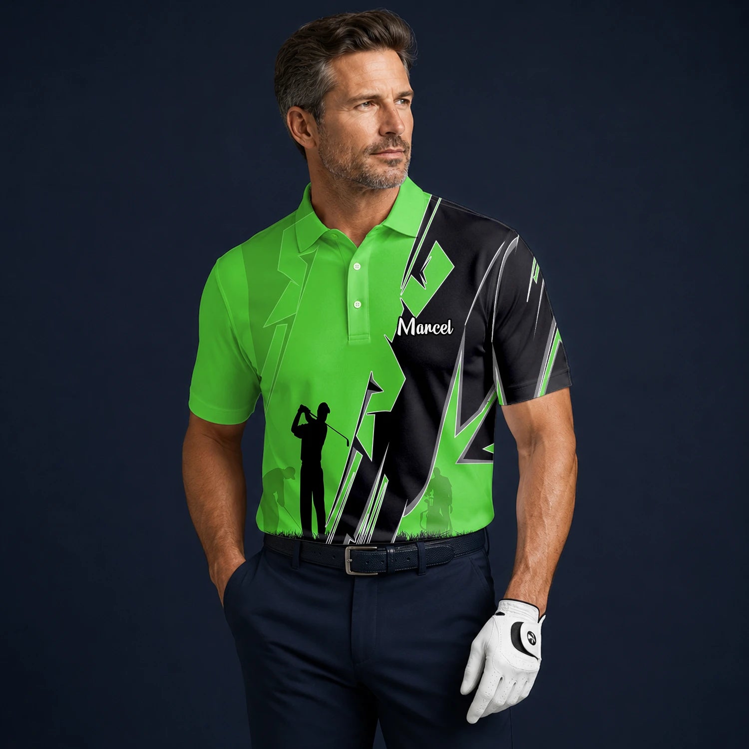 Personalised Lime Green Golfer Silhouette Lightning Golf Polo Shirt For Men V5316