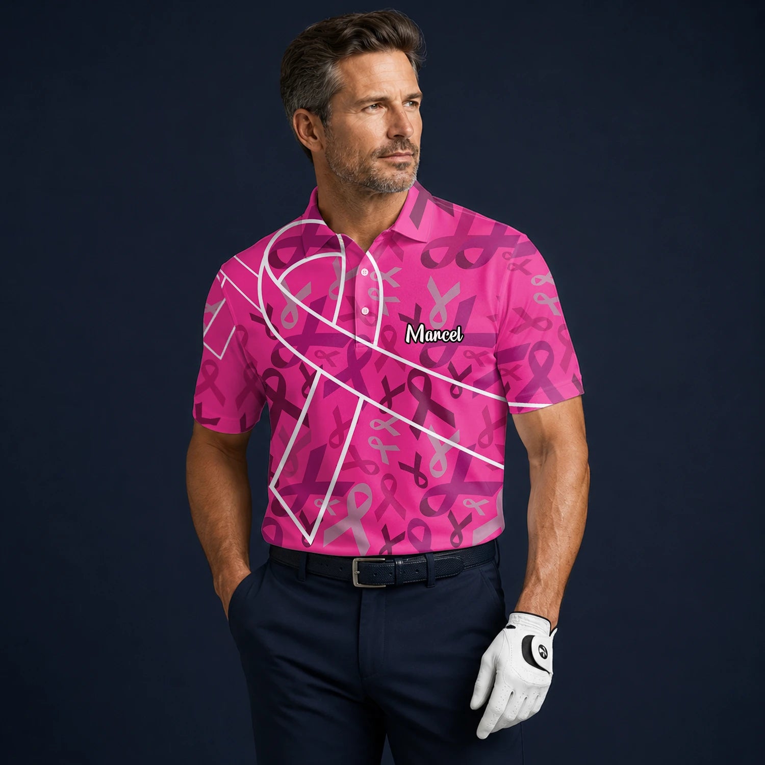 Personalised Pink Breast Cancer Awareness Ribbon Golf Polo Shirt For Men O4093
