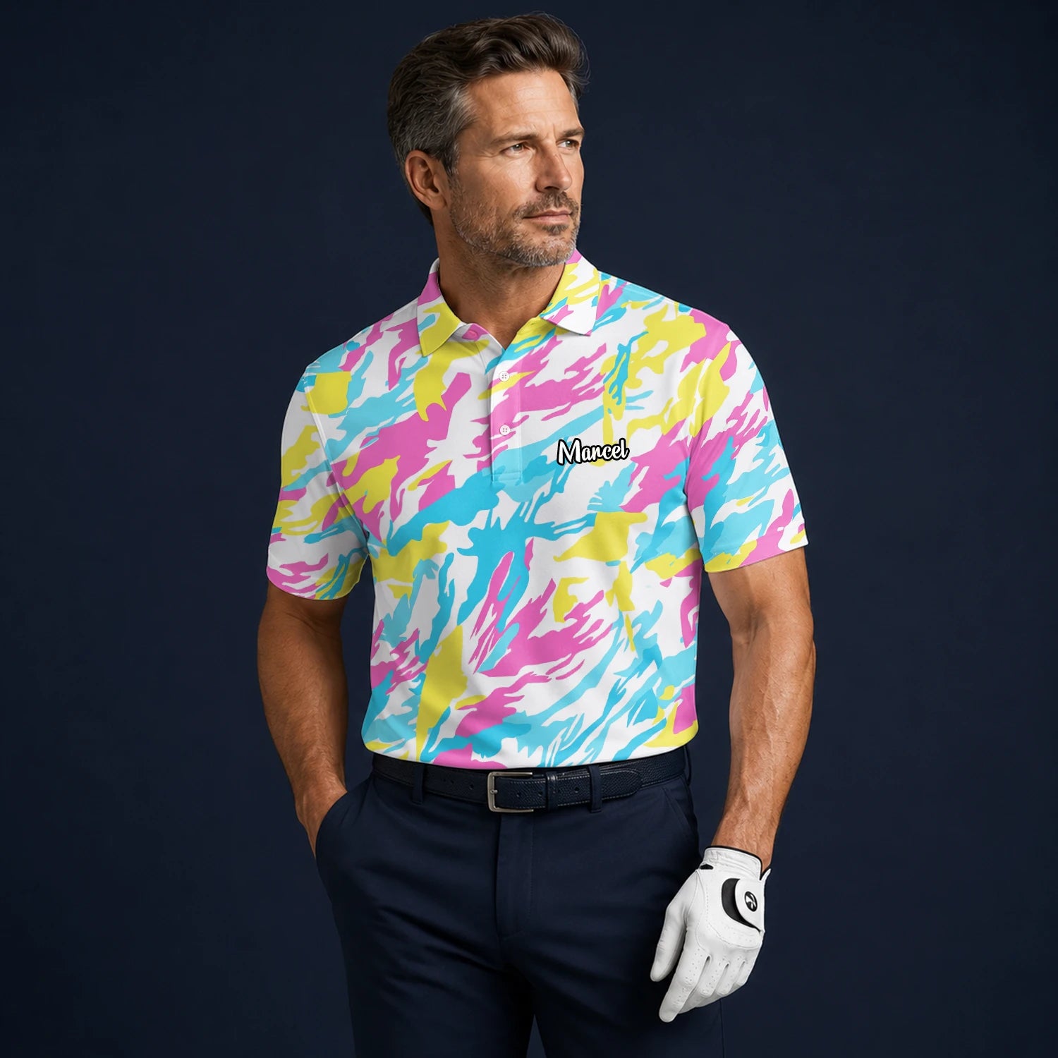 Personalised Pastel Rainbow Camo Golf Polo Shirt For Men F0280