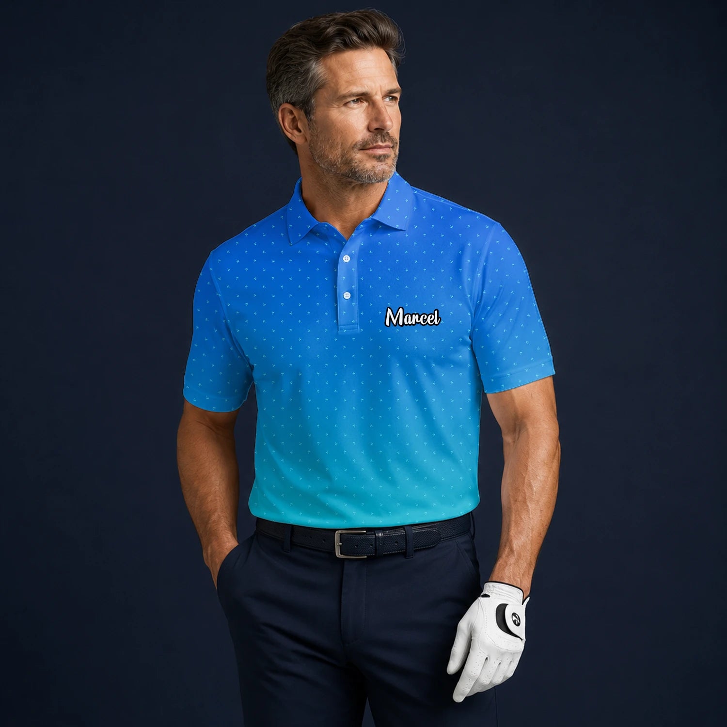 Personalised Blue Turquoise Dotted Gradient Golf Polo Shirt For Men O2326
