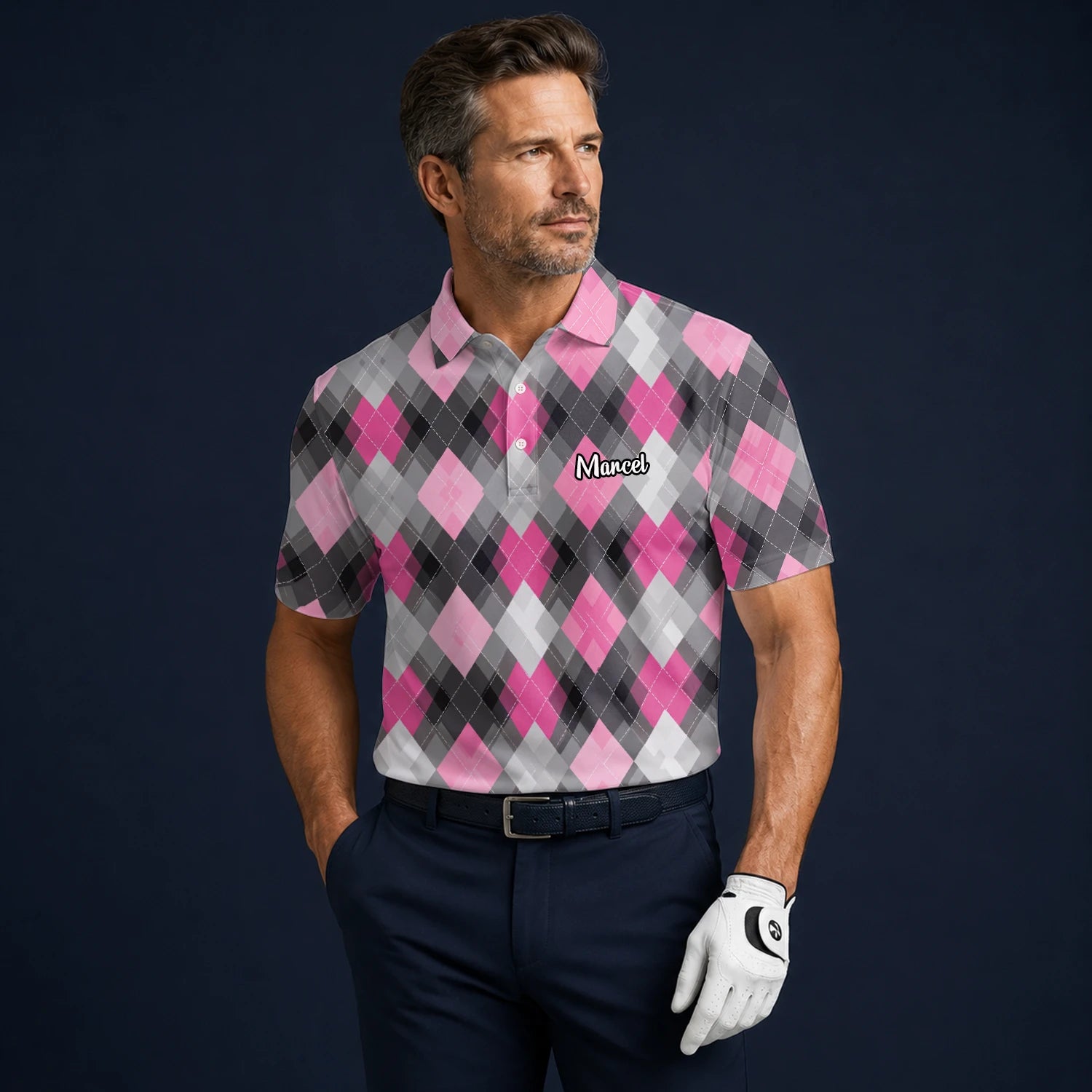 Personalised Pink Grey Argyle Golf Polo Shirt For Men Z9376