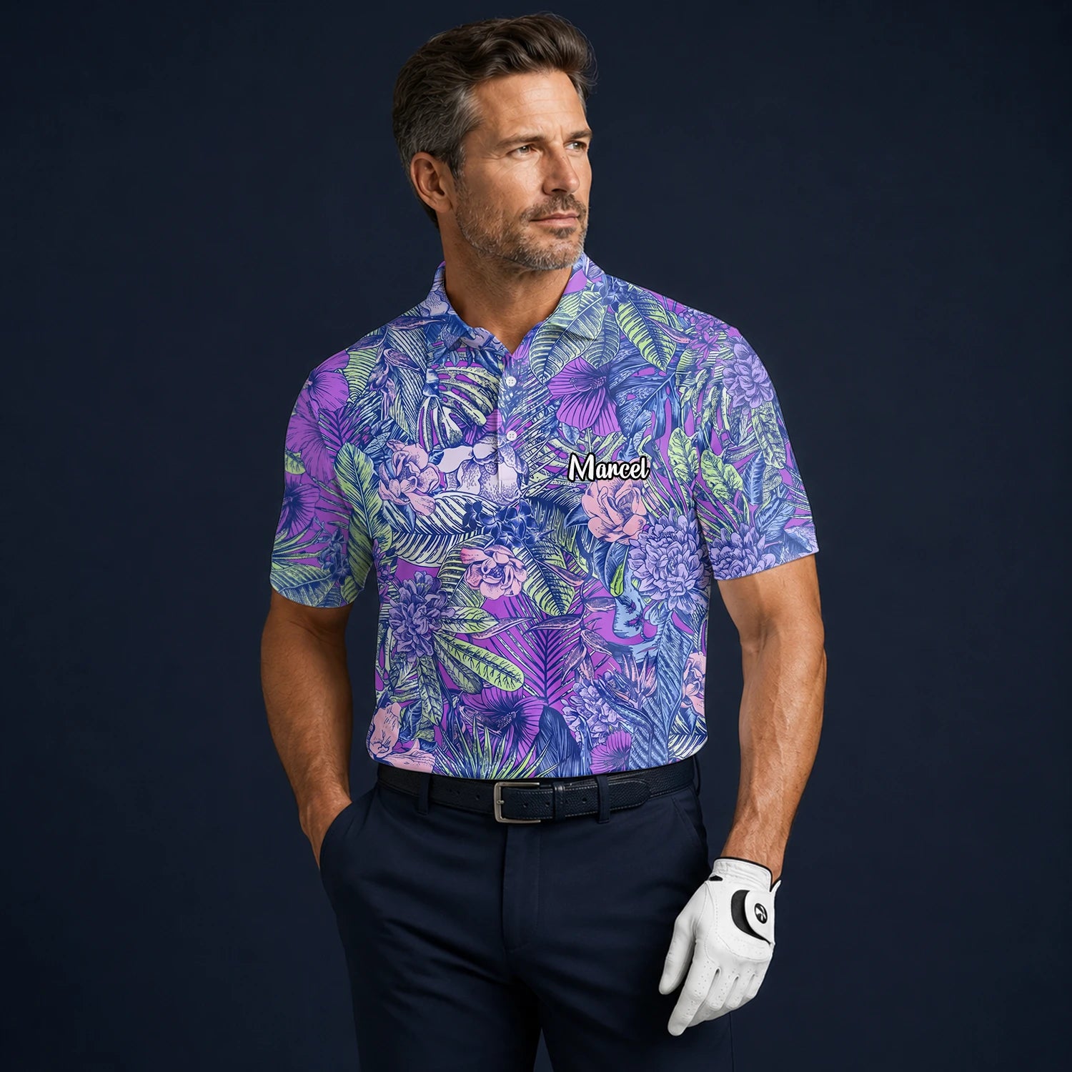 Personalised Purple Blue Tropical Floral Leaf Golf Polo Shirt For Men B8037