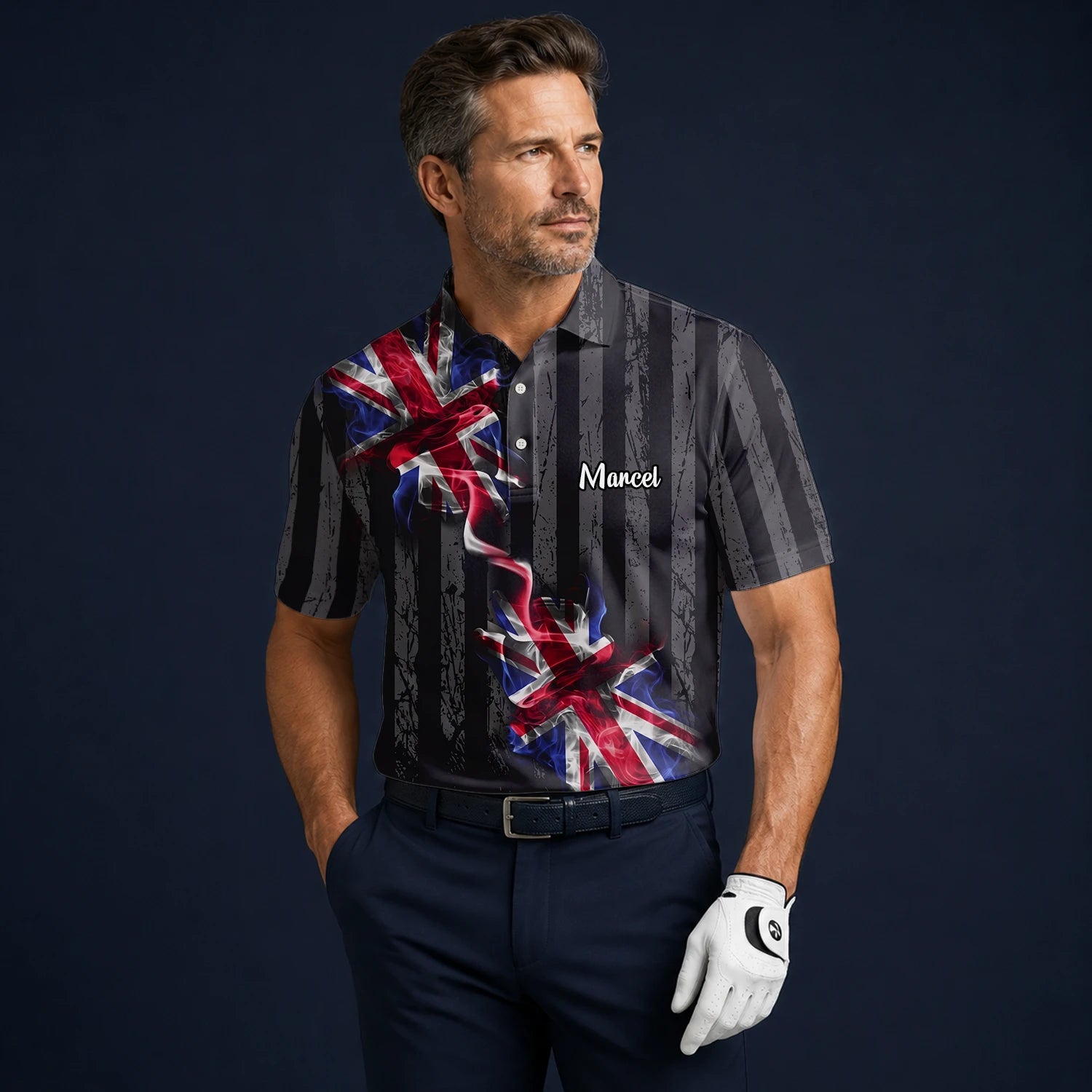 Personalised Black Union Jack Lightning Golf Polo Shirt For Men U9443