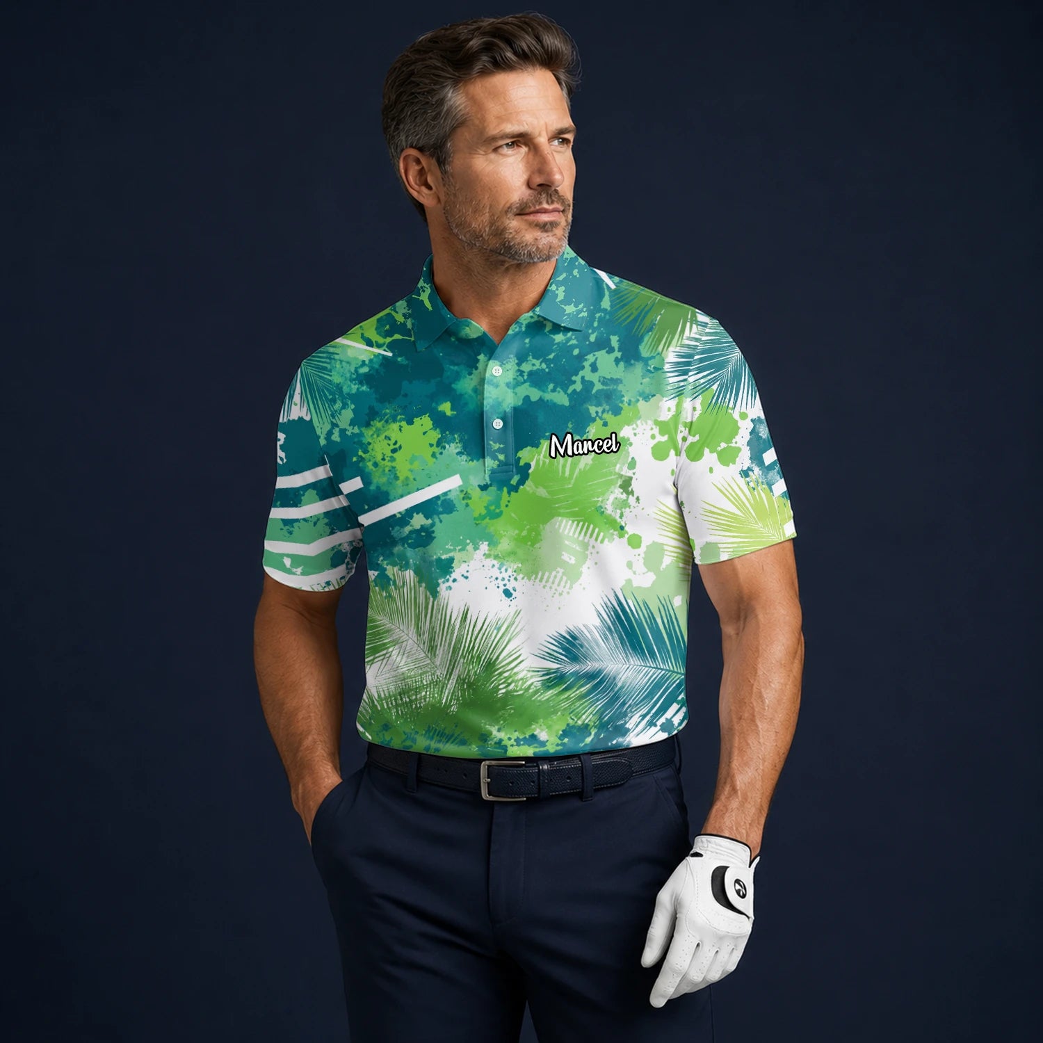 Personalised Green Blue Tropical Leaf Paint Splash Golf Polo Shirt For Men B7869