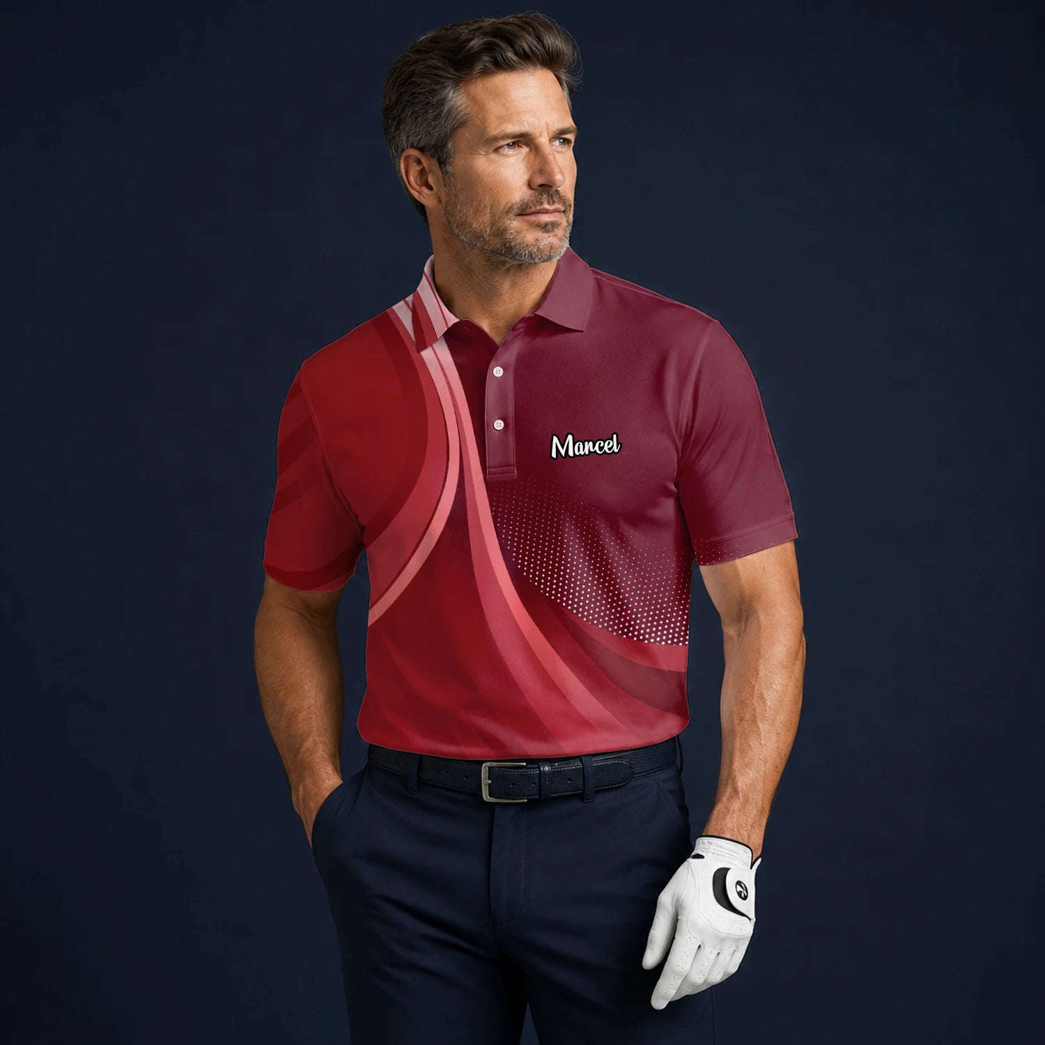 Personalised Burgundy Red Abstract Wave Golf Polo Shirt For Men B4612