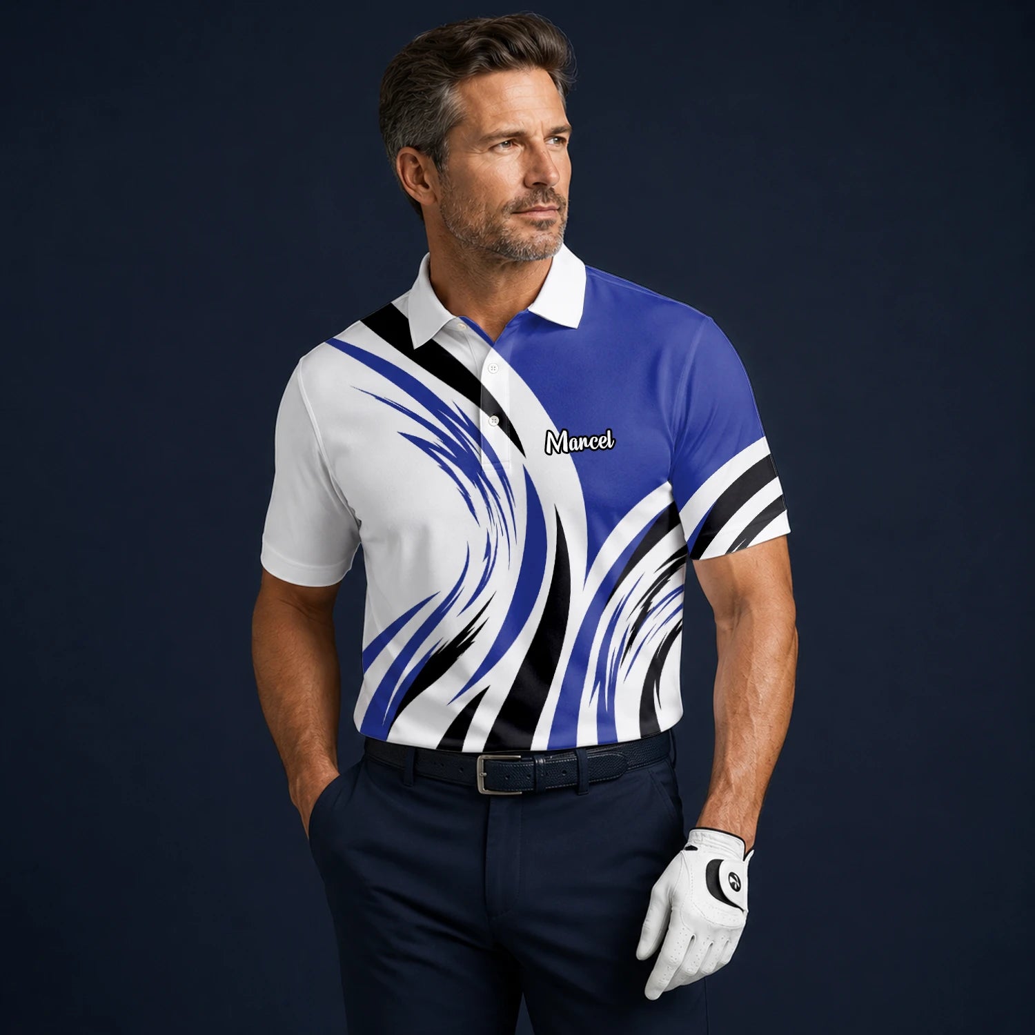 Personalised White Blue Black Abstract Wave Golf Polo Shirt For Men V7849