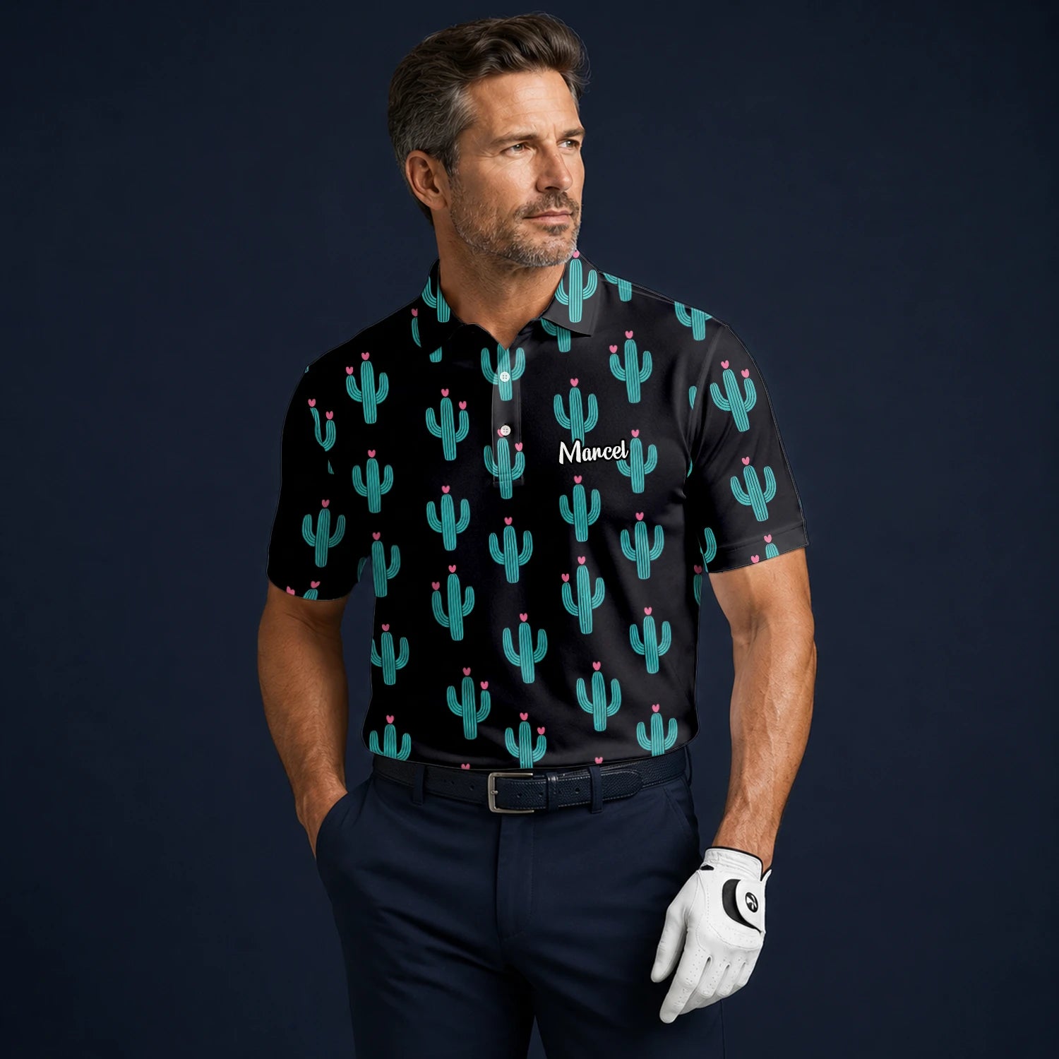 Personalised Black Turquoise Cactus Heart Golf Polo Shirt For Men L0709