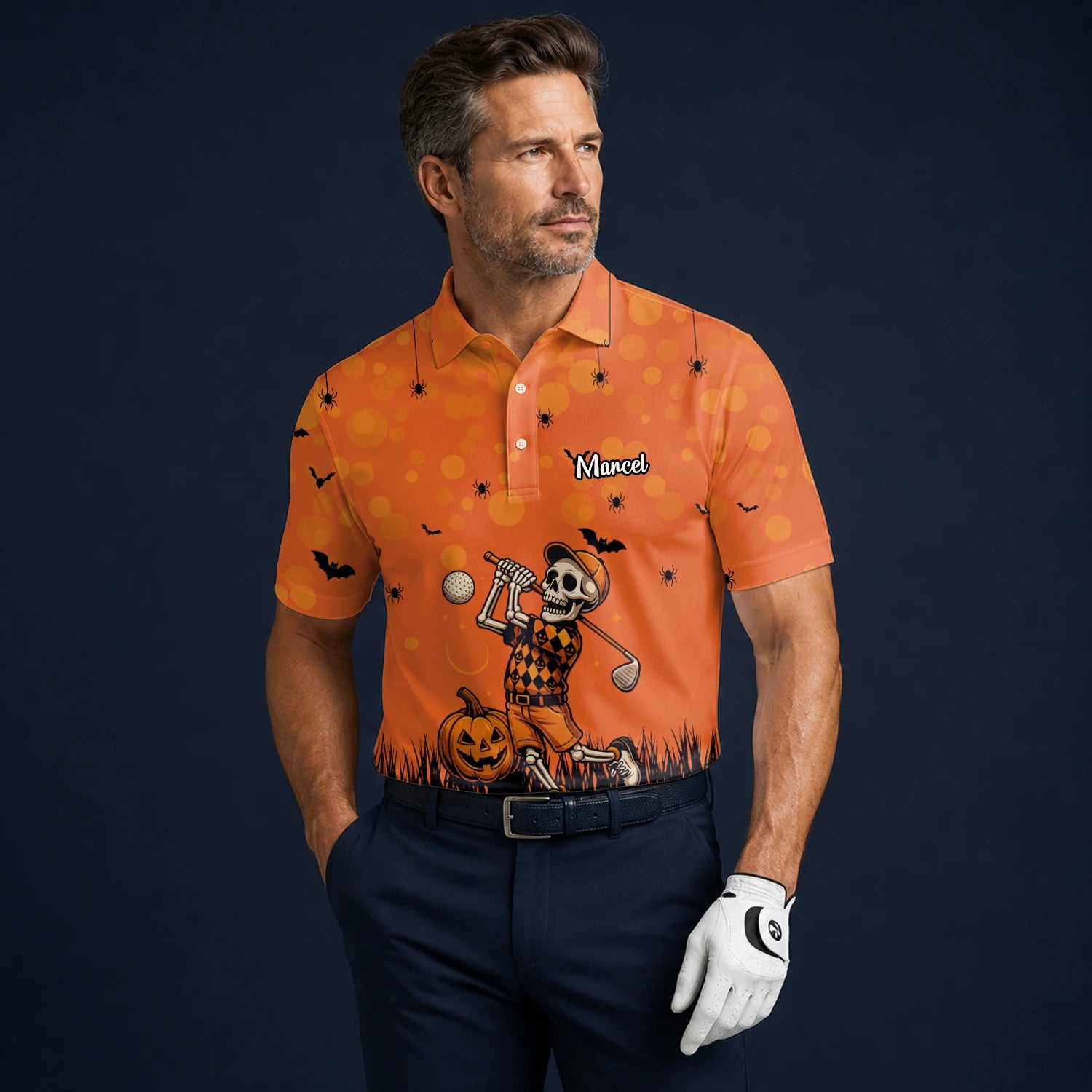 Personalised Orange Halloween Skeleton Golfer Golf Polo Shirt For Men D3851